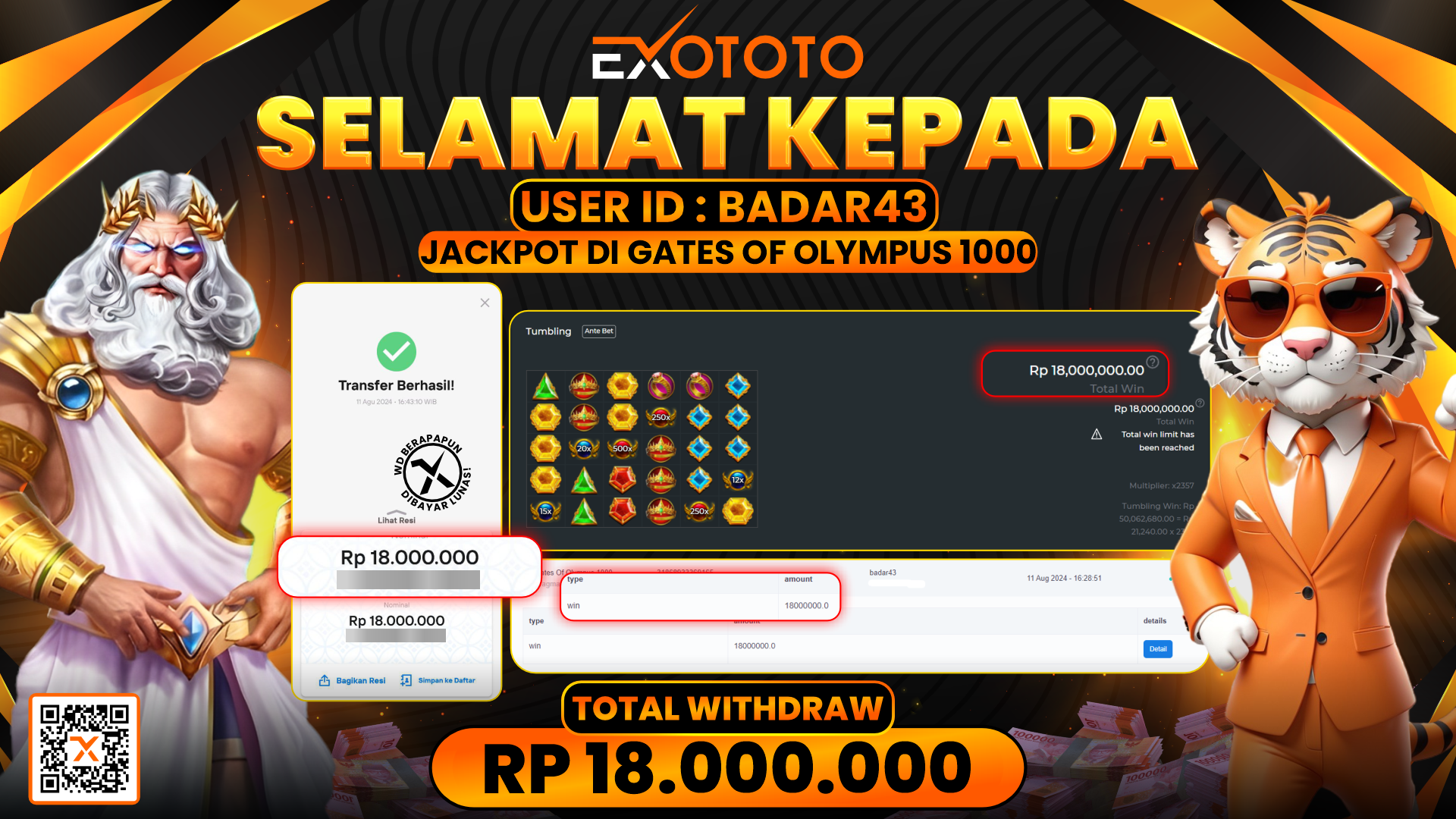 EXOTOTO JACKPOT DI SLOT GATES OF OLYMPUS RP. 18.000.000,- LUNAS