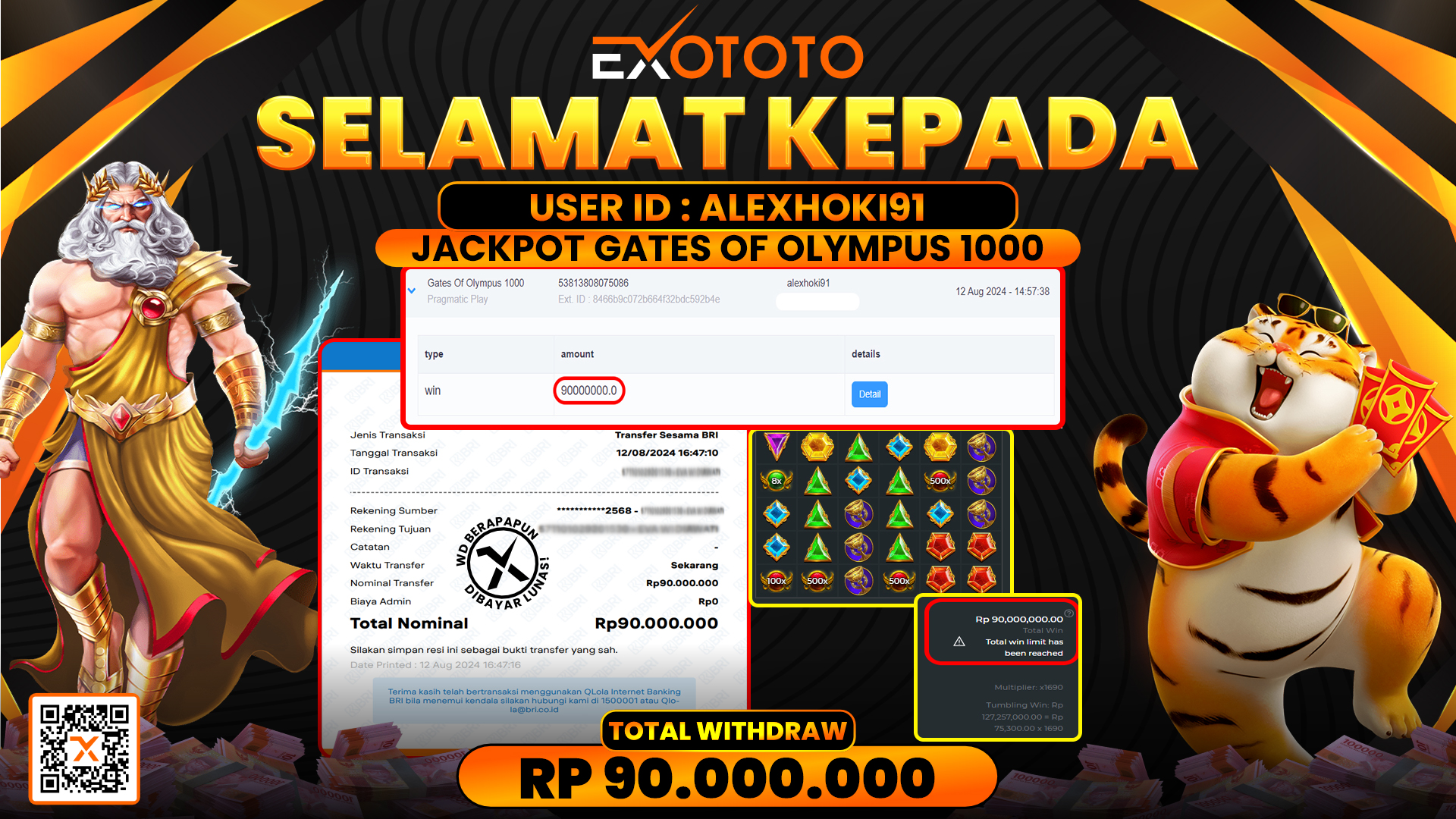 EXOTOTO JACKPOT DI SLOT GATES OF OLYMPUS 1000 RP. 90.000.000,- LUNAS