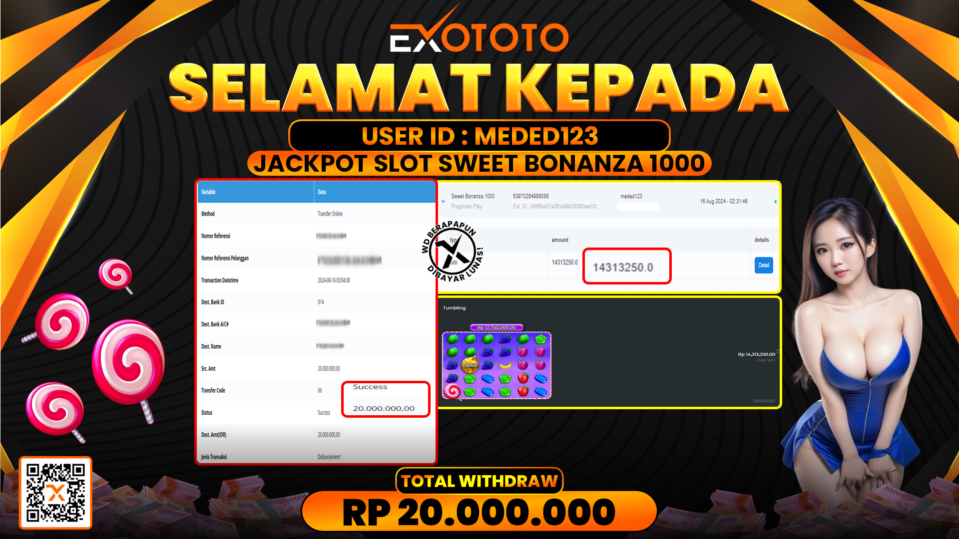 EXOTOTO JACKPOT DI SLOT SWEET BONANZA 1000 RP. 20.000.000,- LUNAS