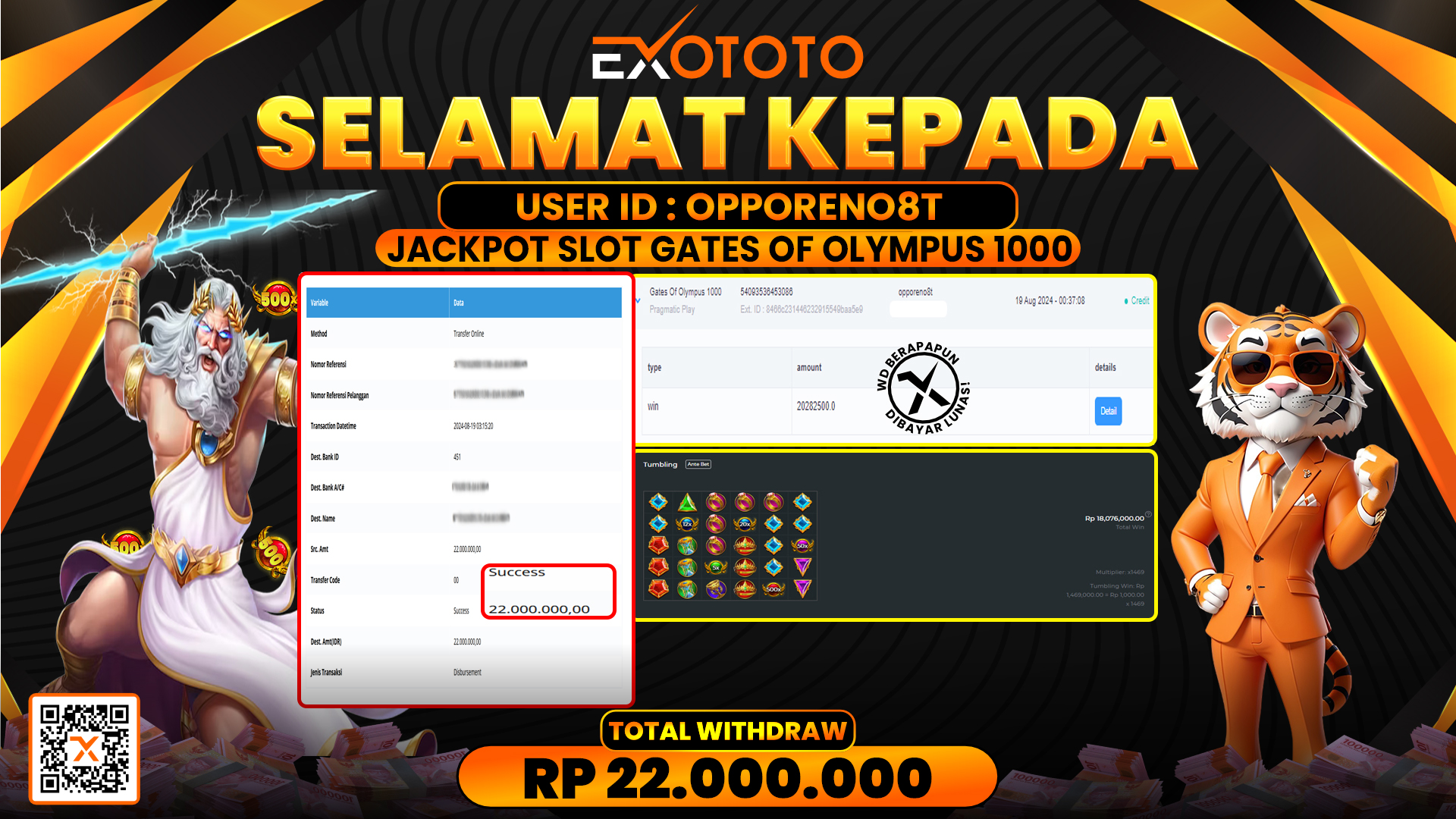 EXOTOTO JACKPOT DI SLOT GATES OF OLYMPUS 1000 RP. 22.000.000,- LUNAS