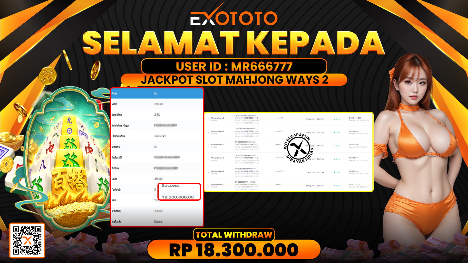 EXOTOTO JACKPOT DI SLOT MAHJONG WAYS 2 RP. 18.300.000,- LUNAS