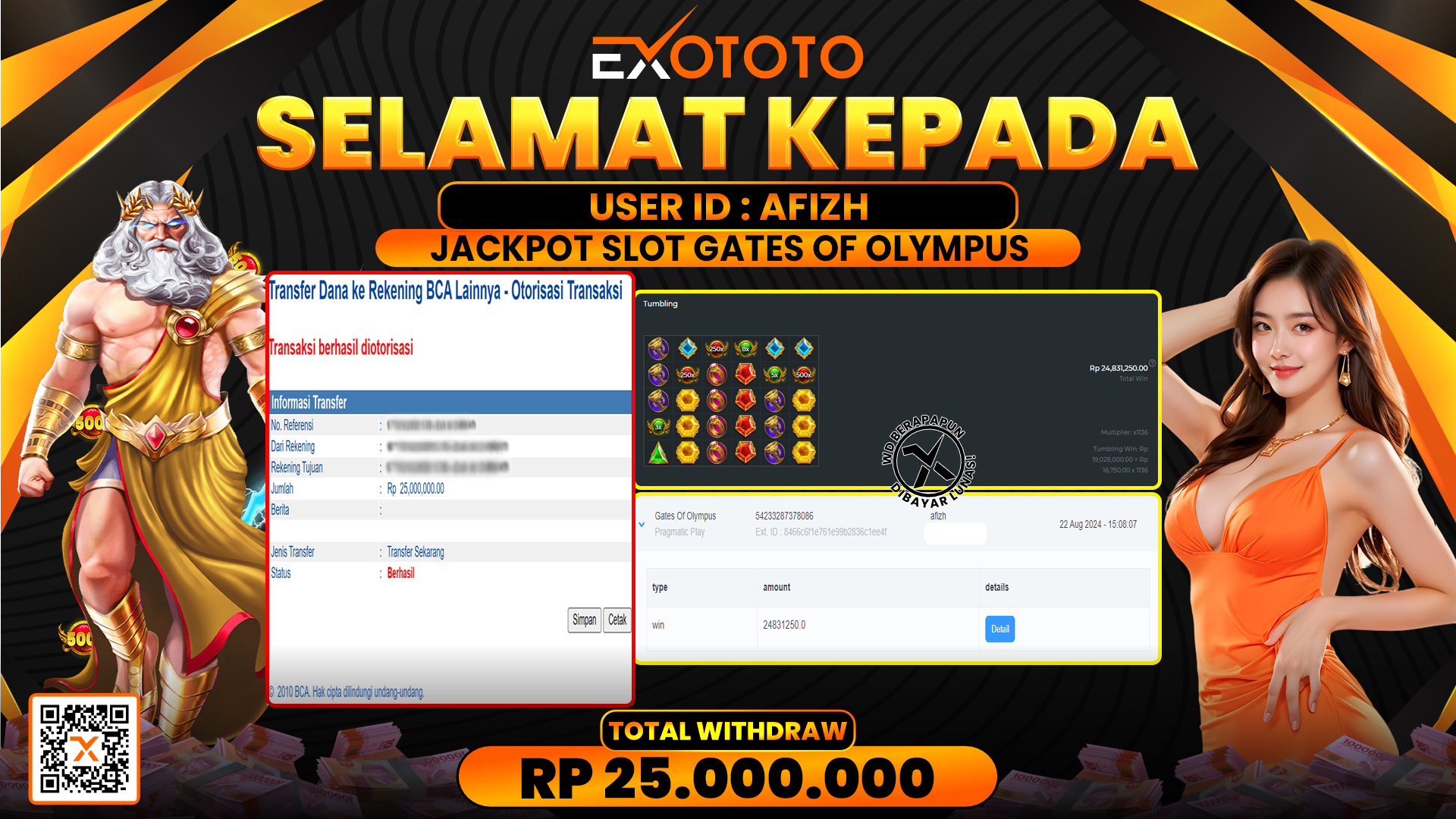 EXOTOTO JACKPOT DI SLOT GATES OF OLYMPUS RP. 25.000.000,- LUNAS