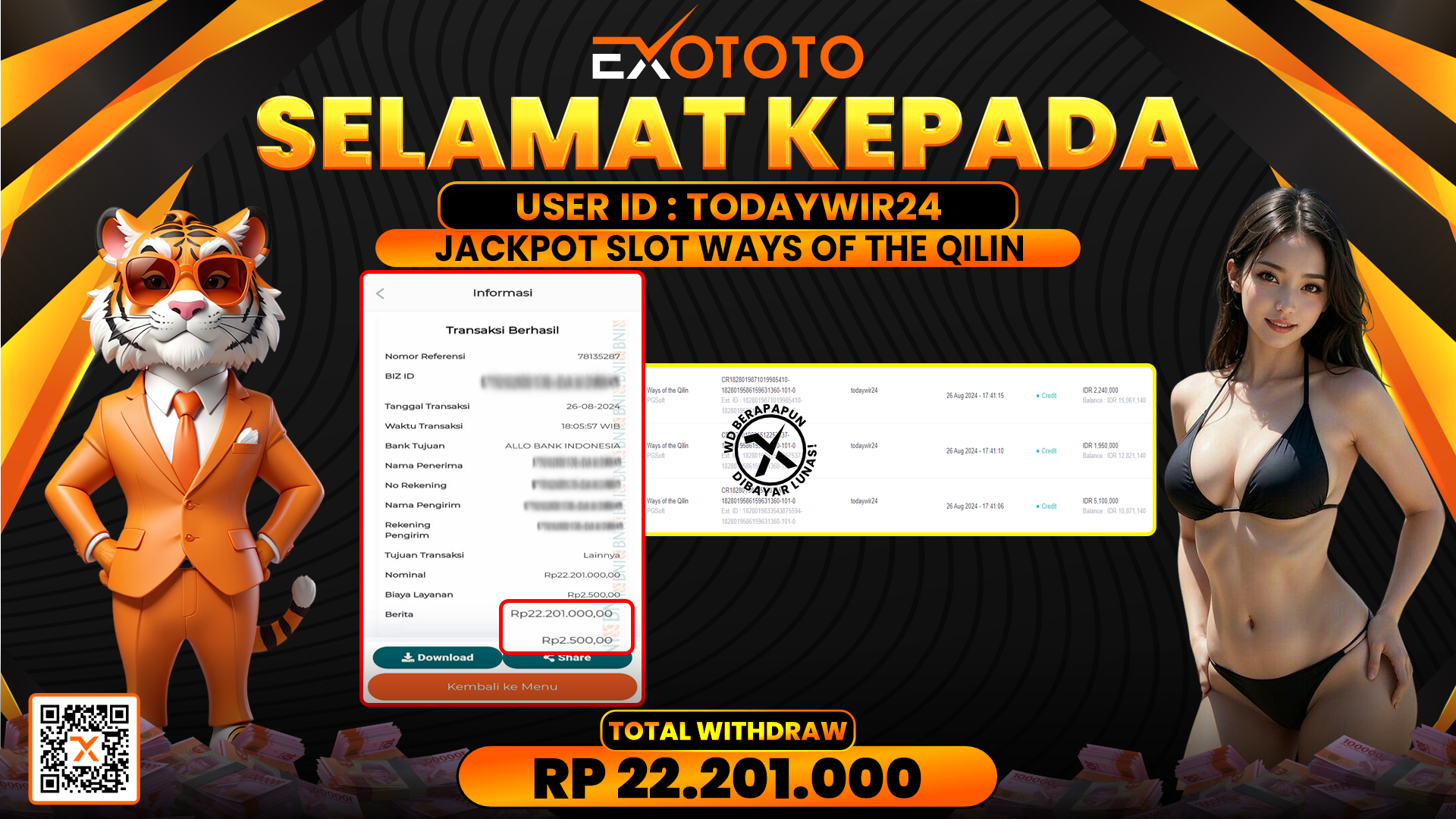 EXOTOTO JACKPOT DI SLOT WAYS OF TJE QILIN RP. 22.201.000,- LUNAS