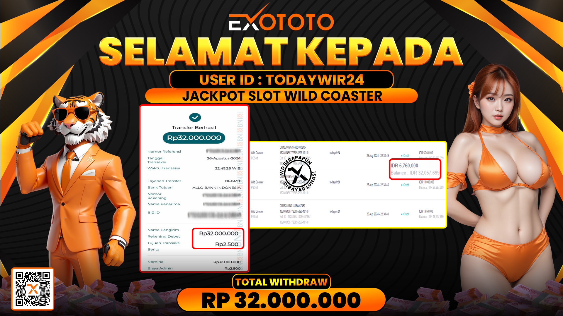 EXOTOTO JACKPOT DI SLOT WILD COASTER RP. 32.000.000,- LUNAS