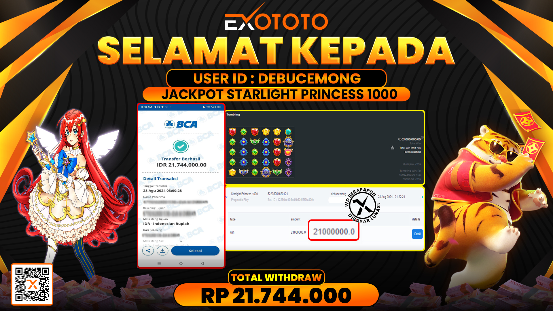 EXOTOTO JACKPOT DI SLOT STARLIGHT PRINCES 1000 RP. 21.744.000,- LUNAS