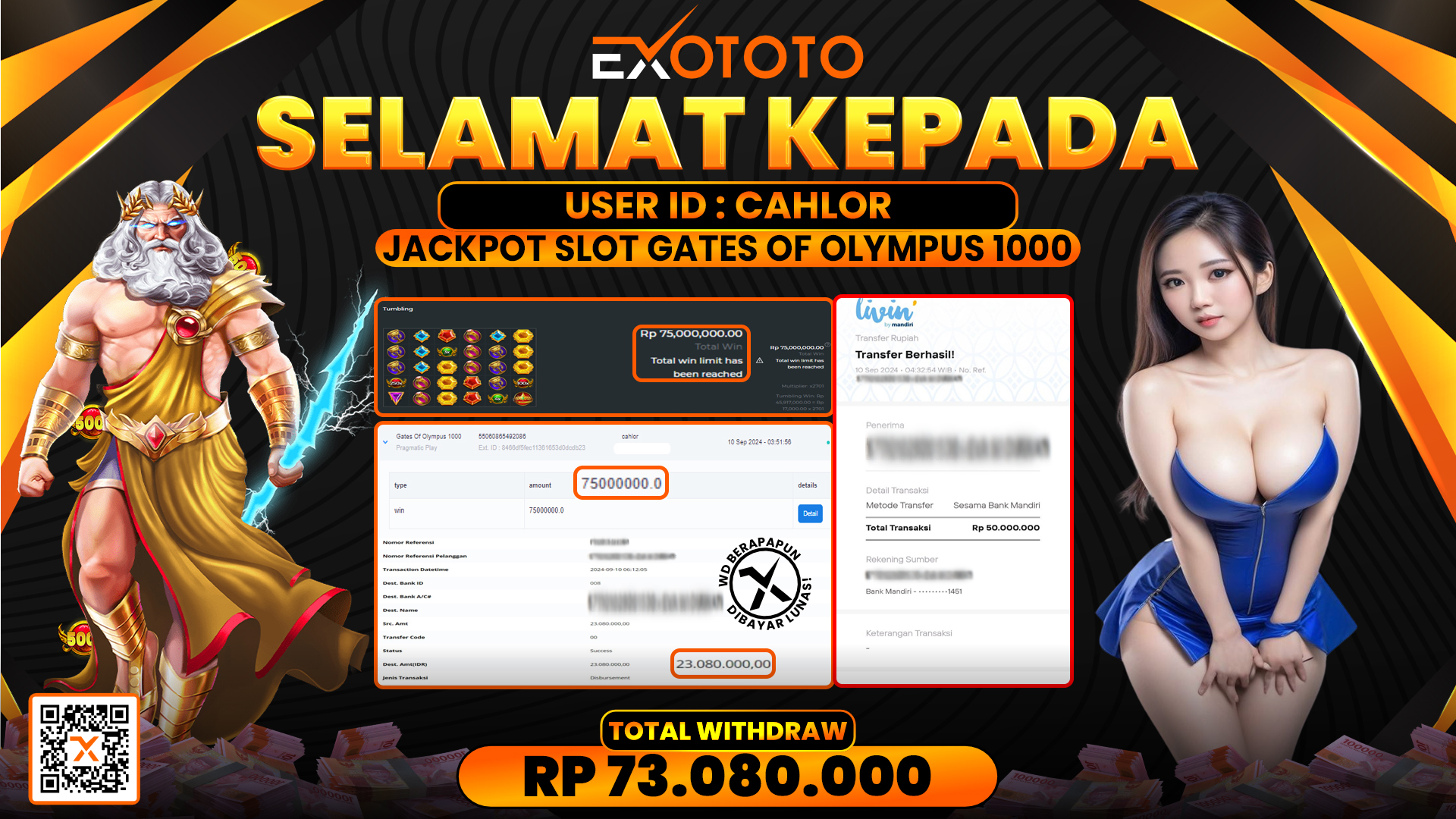 EXOTOTO JACKPOT DI SLOT GATES OF OLYMPUS 1000 RP. 73.080.000,- LUNAS