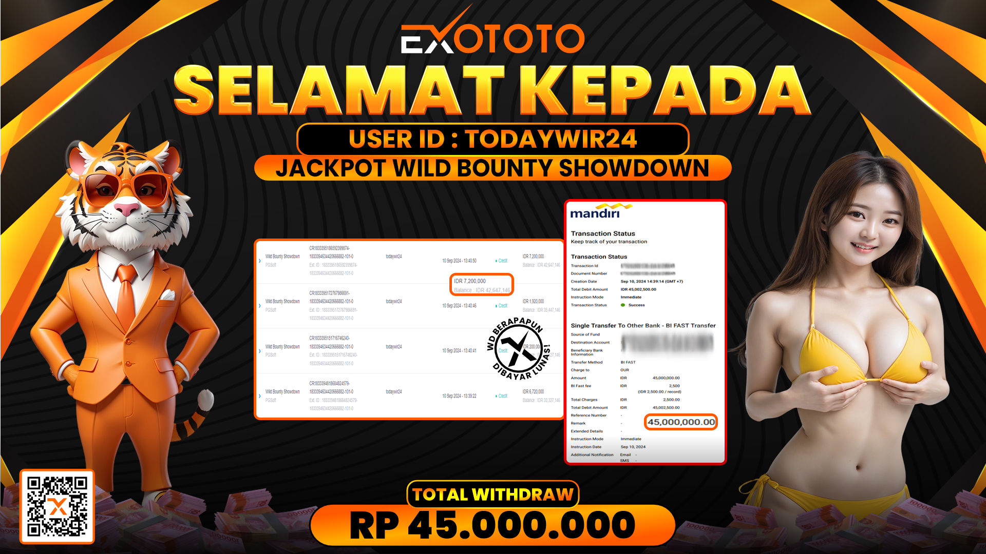 EXOTOTO JACKPOT DI SLOT WILD BOUNTY SHOWDOWN RP. 45.000.000,- LUNAS