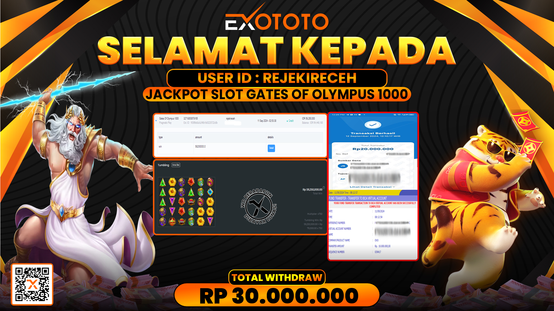 EXOTOTO JACKPOT DI SLOT GATES OF OLYMPUS 1000 RP. 30.000.000,- LUNAS