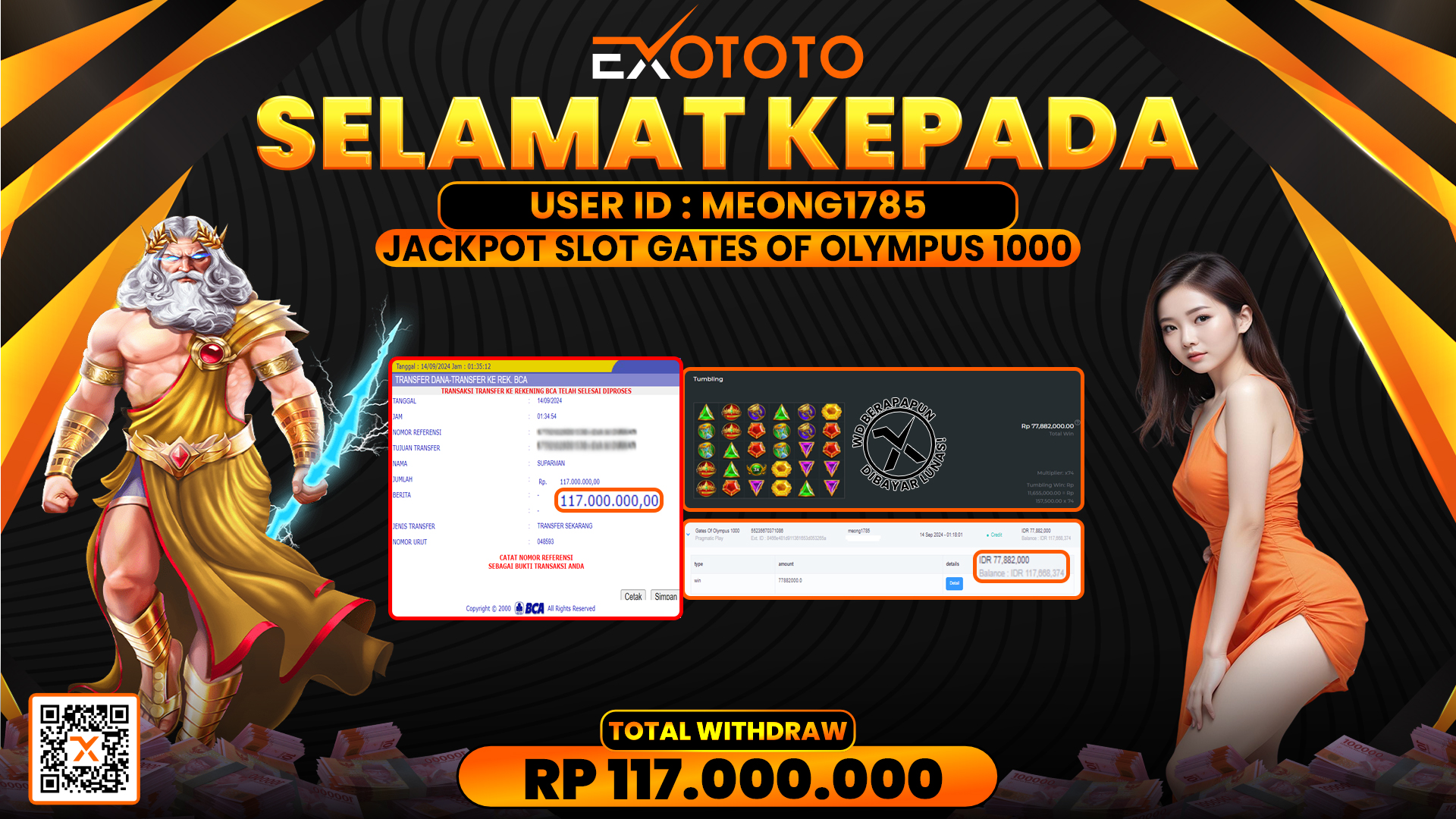 EXOTOTO JACKPOT DI SLOT GETES OF OLYMPUS 1000 RP. 117.000.000,- LUNAS