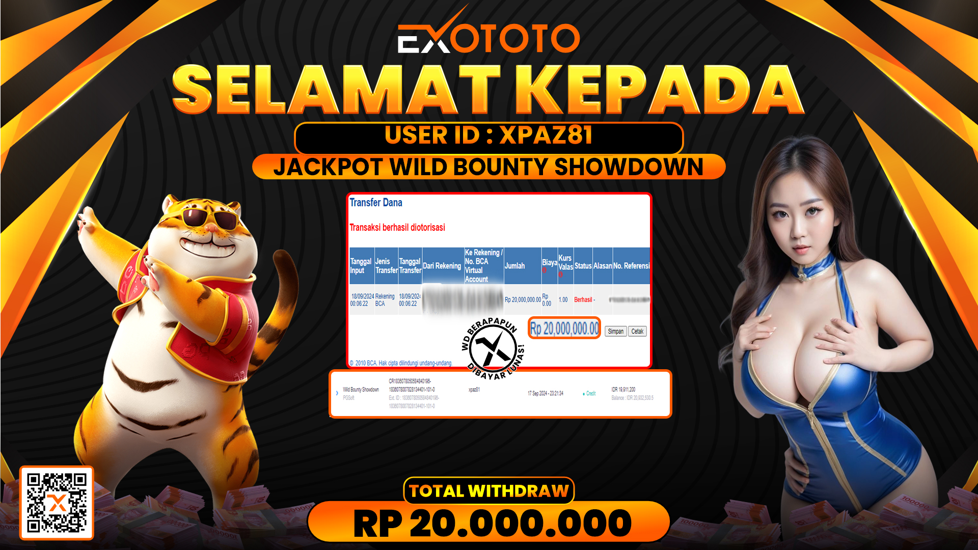 EXOTOTO JACKPOT DI SLOT WILD BOUNTY SHOWDOWN RP. 20.000.000,- LUNAS