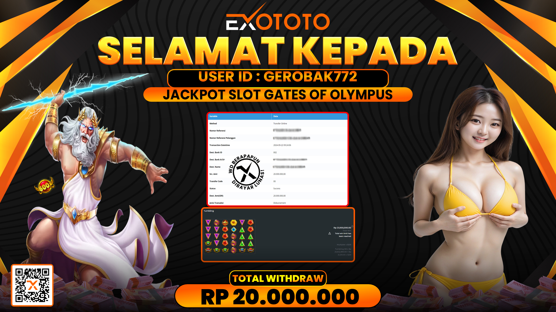 EXOTOTO JACKPOT DI SLOT GATES OF OLYMPUS RP. 20.000.000,- LUNAS