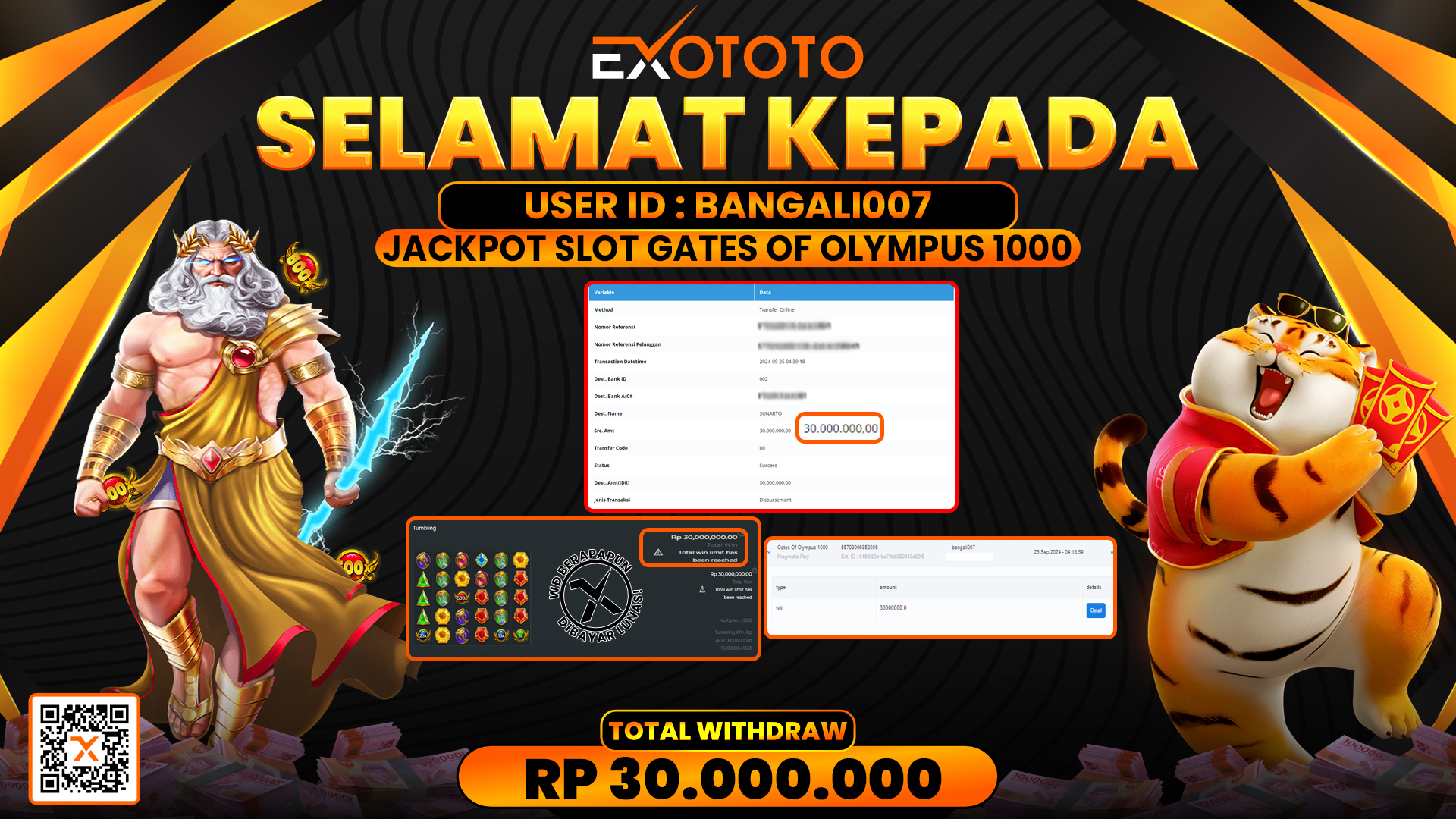 EXOTOTO JACKPOT DI SLOT GATES OF OLYMPUS RP. 30.000.000,- LUNAS