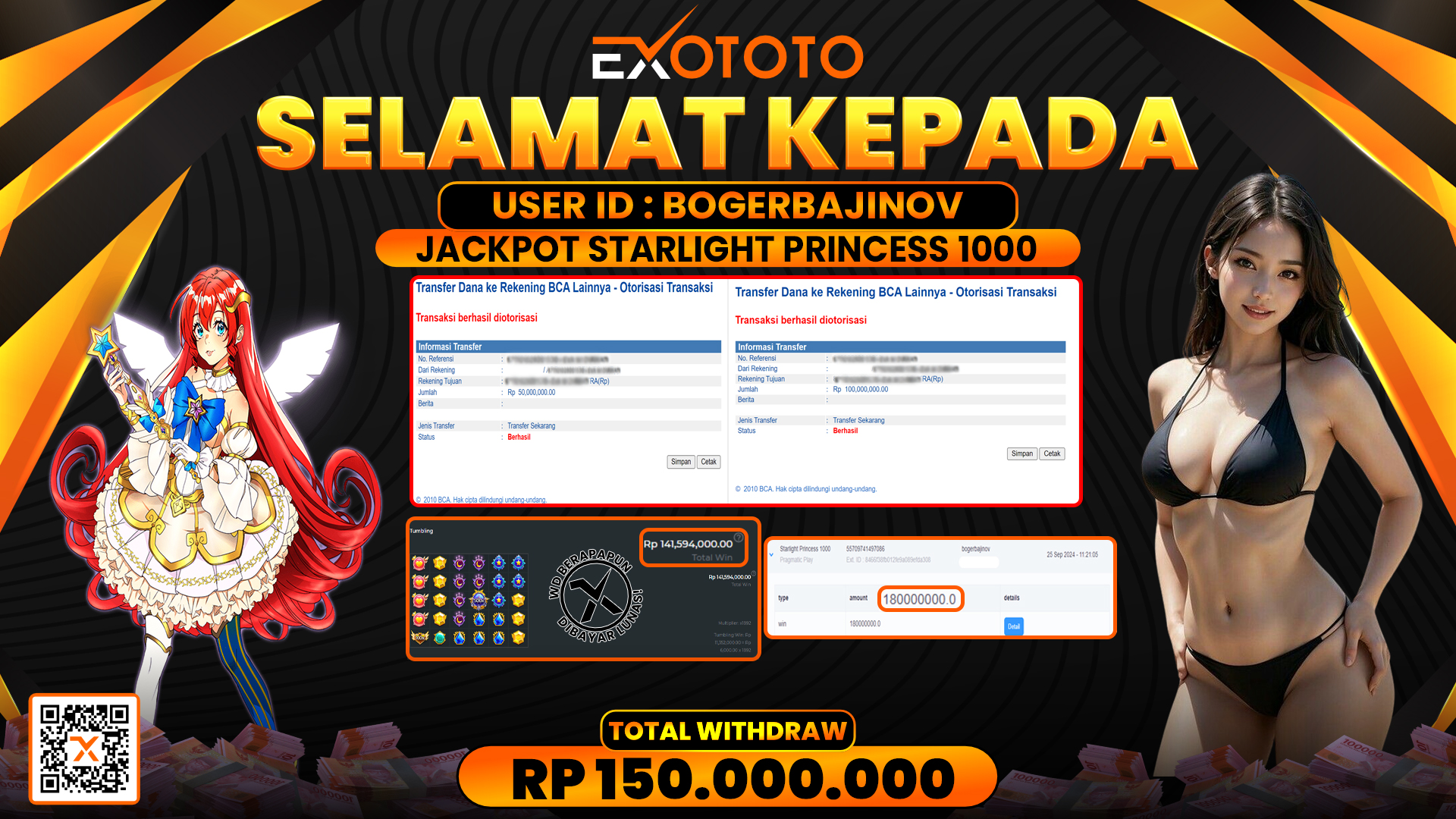 EXOTOTO JACKPOT DI SLOT STARLIGHT PRINCES 1000 RP. 150.000.000,- LUNAS