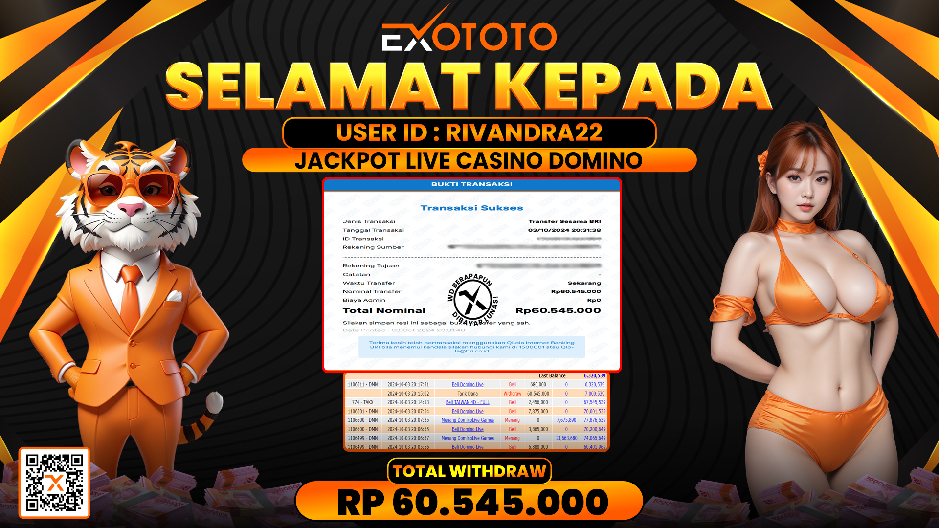 EXOTOTO JACKPOT DI CASINO DOMINO RP. 60.545.000,- LUNAS