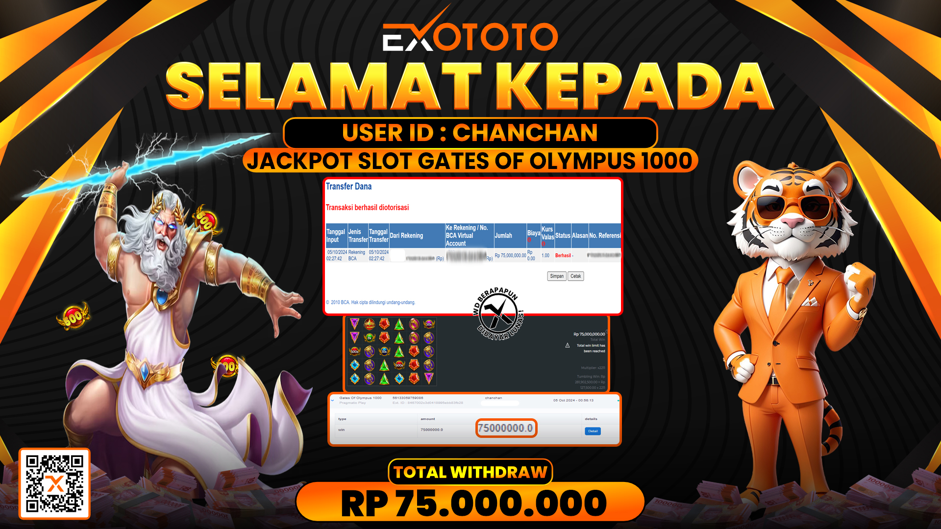 EXOTOTO JACKPOT DI SLOT GATES OF OLYMPUS 1000 RP. 75.000.000,- LUNAS
