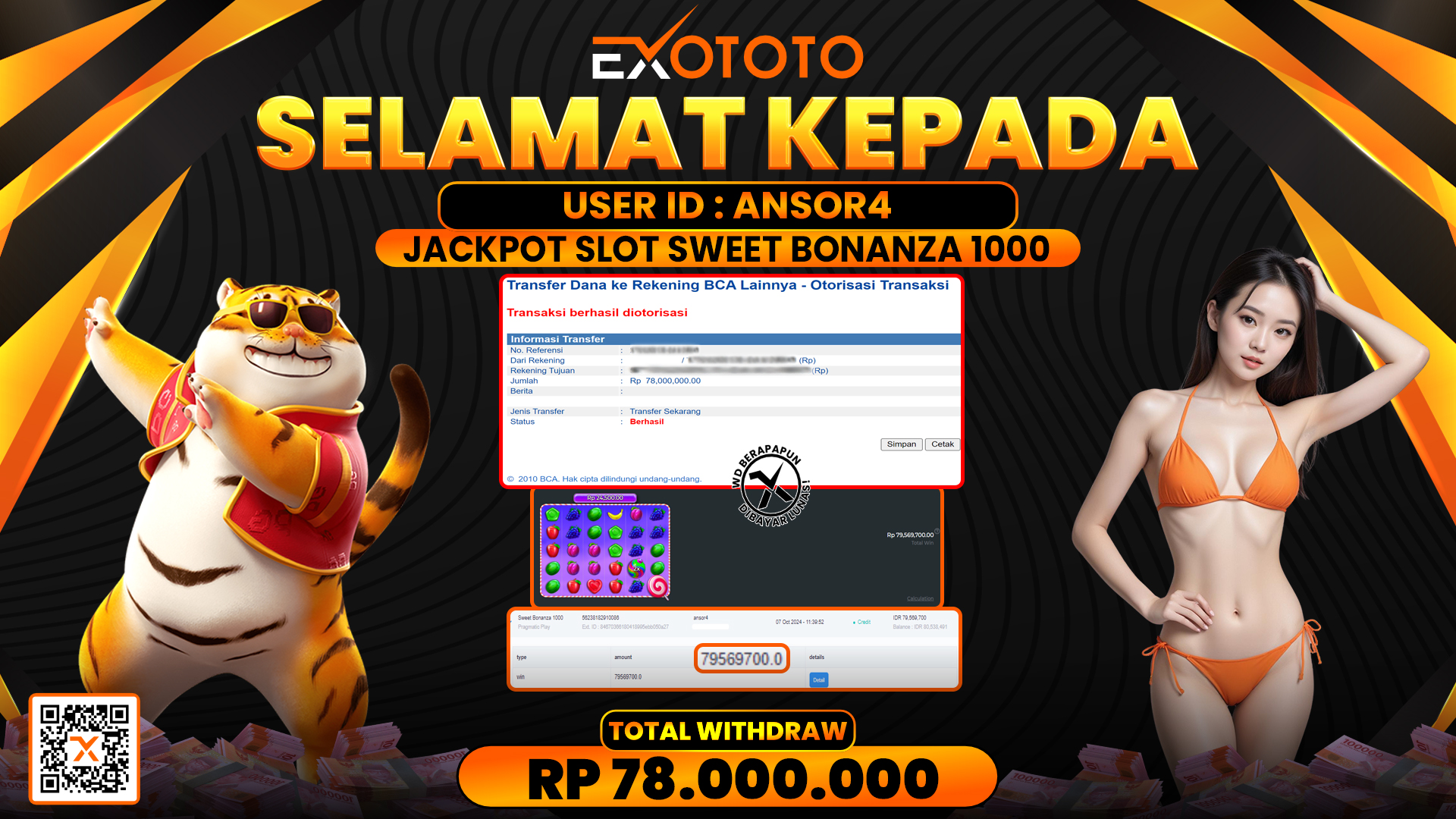EXOTOTO JACKPOT DI SLOT SWEET BONANZA 1000 RP. 78.000.000,- LUNAS
