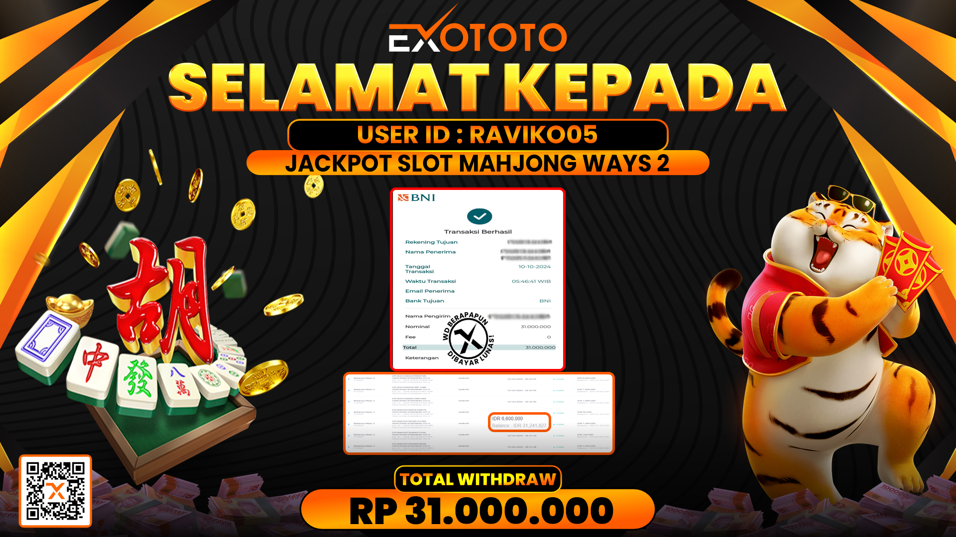 EXOTOTO JACKPOT DI SLOT MAHJONG WAYS 2 RP. 31.000.000,- LUNAS