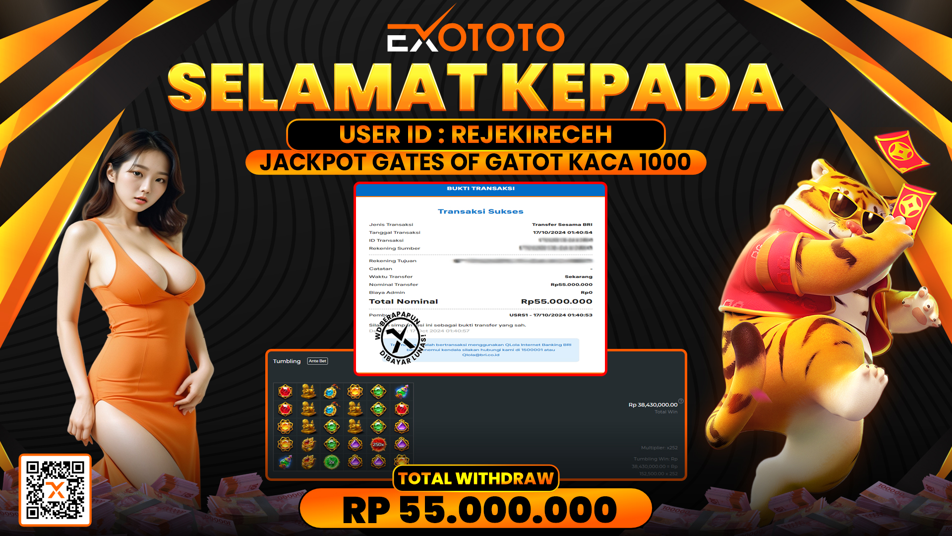 EXOTOTO JACKPOT DI SLOT GATOT KACA 1000 RP. 55.000.000,- LUNAS