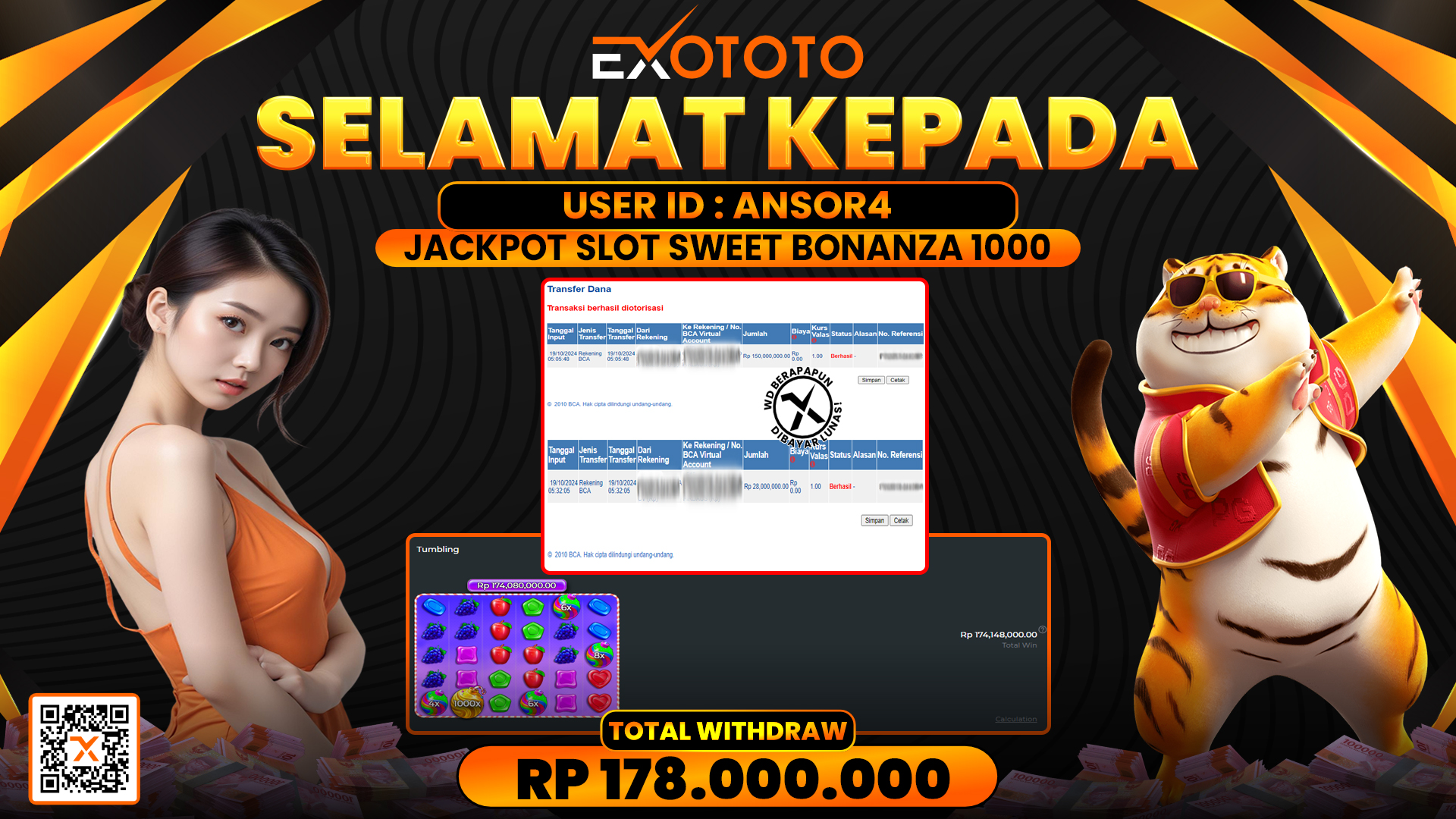 EXOTOTO JACKPOT DI SLOT SWEET BONANZA 1000 RP. 178.000.000,- LUNAS