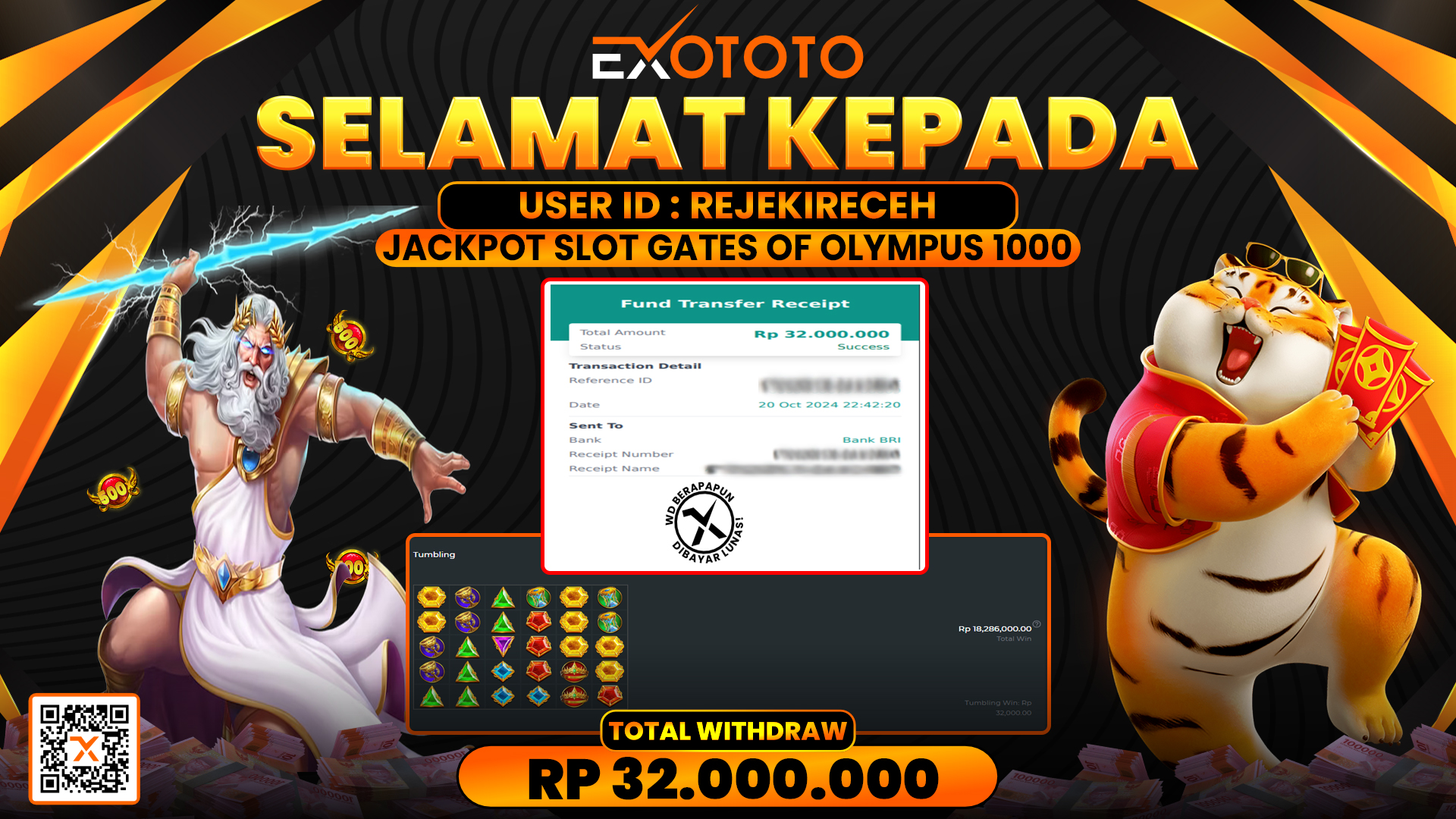 EXOTOTO JACKPOT DI SLOT GATES OF OLYMPUS RP. 32.000.000,- LUNAS