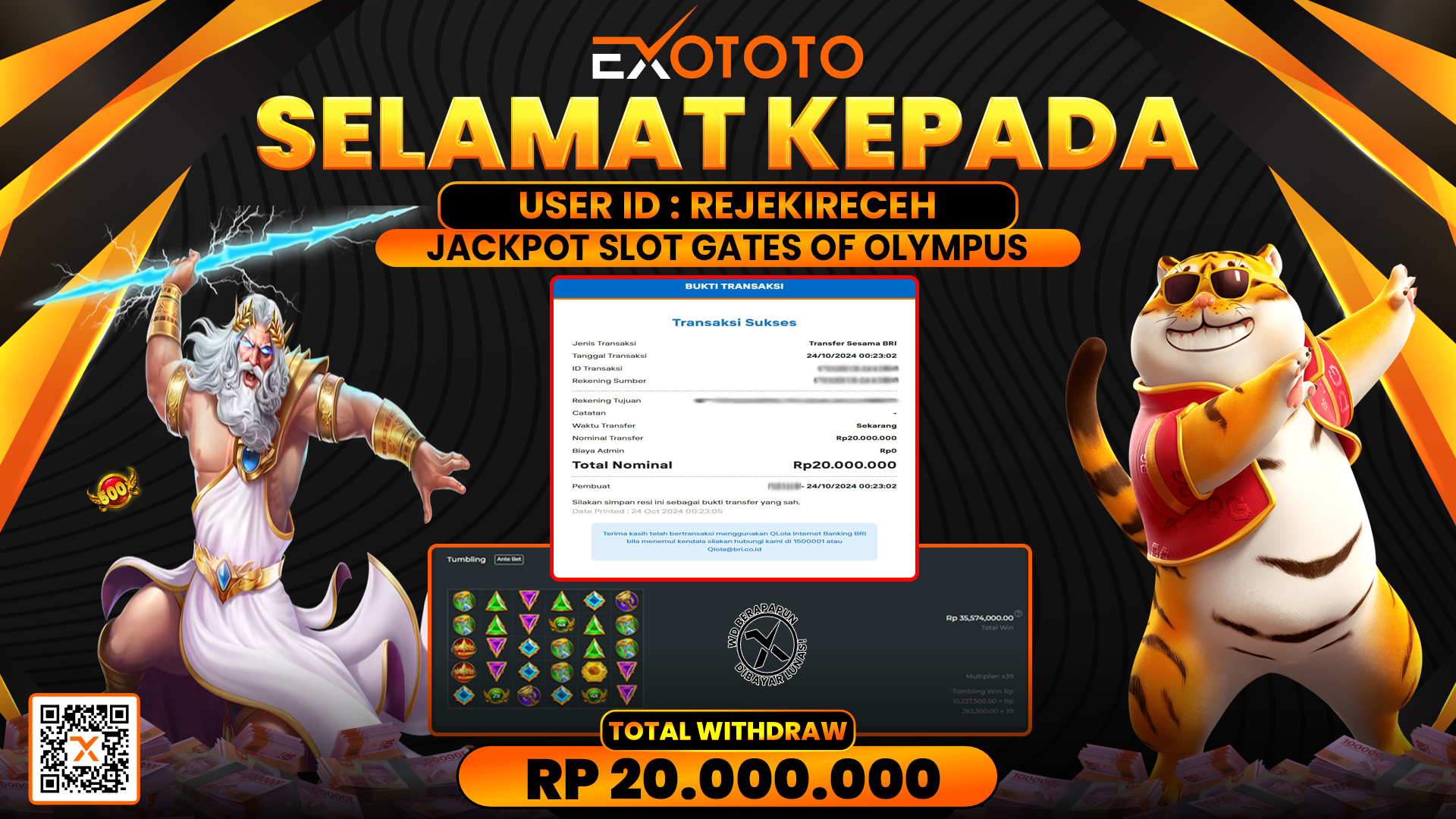 EXOTOTO JACKPOT DI SLOT GATES OF OLYMPUS RP. 20.000.000,- LUNAS