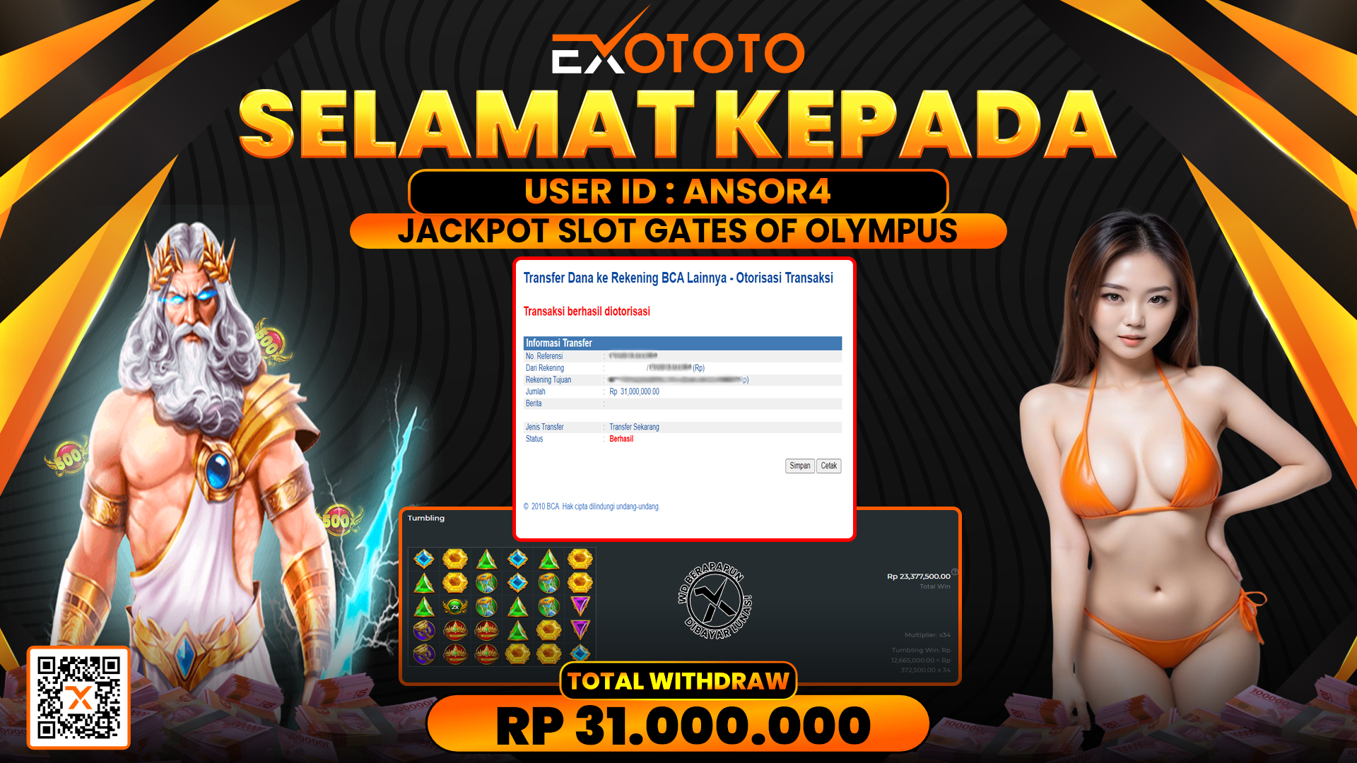 EXOTOTO JACKPOT DI SLOT GATES OF OLYMPUS RP. 31.000.000,- LUNAS