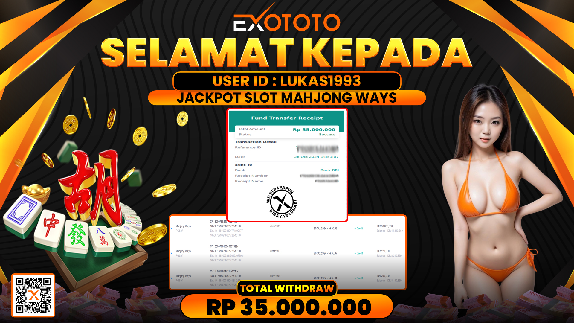 EXOTOTO JACKPOT DI SLOT MAHJONG WAYS RP. 35.000.000,- LUNAS