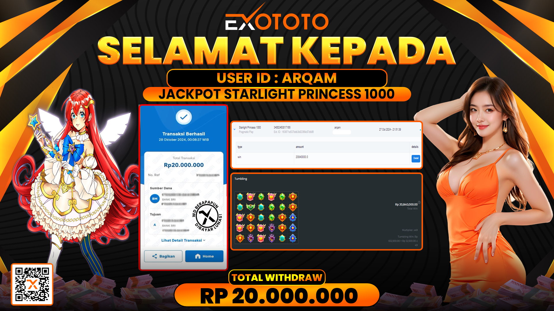 EXOTOTO JACKPOT DI SLOT STARLIGHT PRINCESS 1000 RP. 20.000.000,- LUNAS