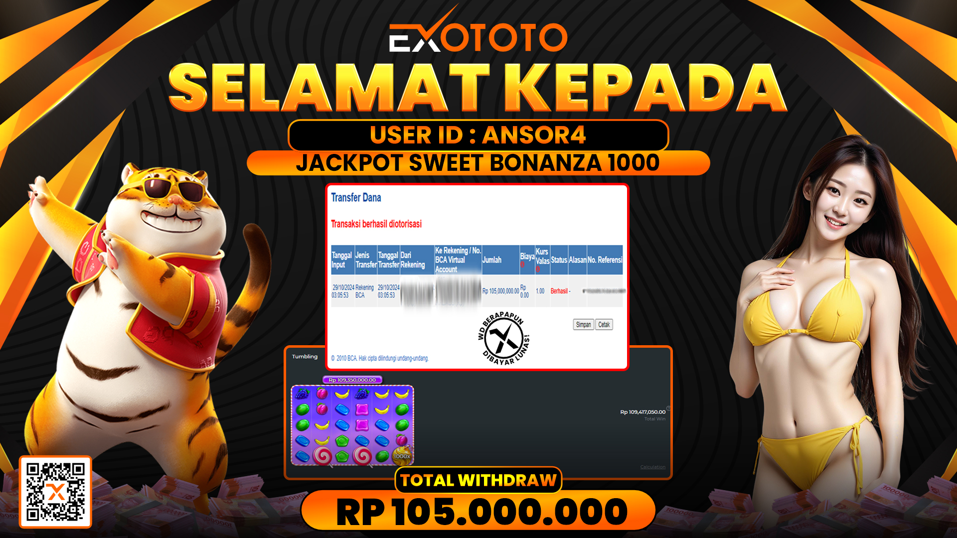 EXOTOTO JACKPOT DI SLOT SWEET BONANZA 1000 RP. 105.000.000,- LUNAS