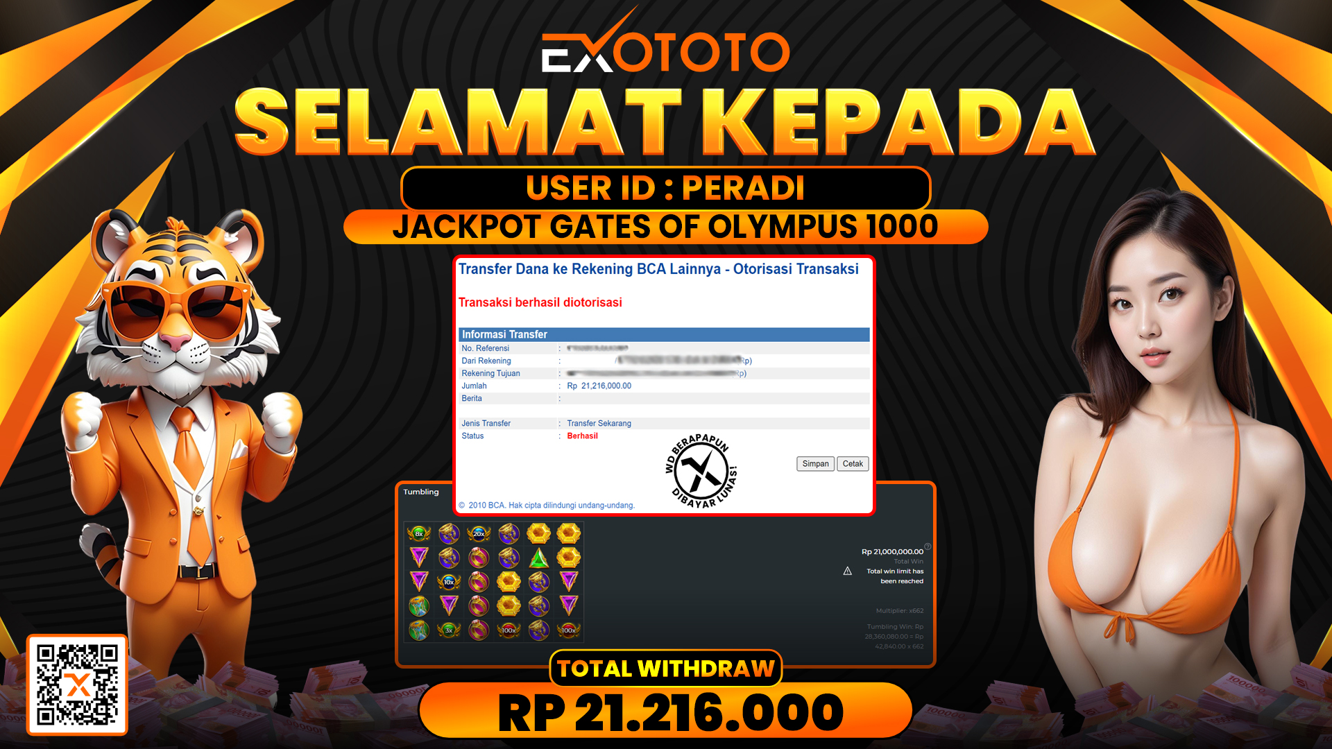 EXOTOTO JACKPOT DI SLOT GATES OF OLYMPUS 1000  RP. 21.216.000,- LUNAS