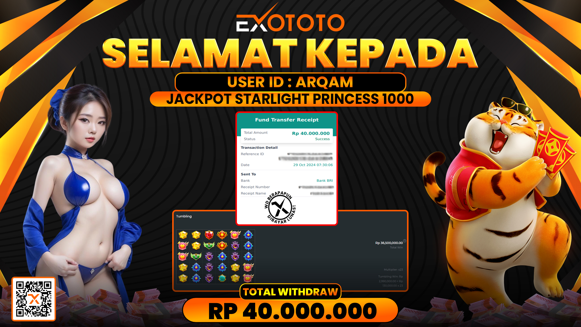 EXOTOTO JACKPOT DI SLOT STARLIGHT PRINCESS 1000 RP. 40.000.000,- LUNAS