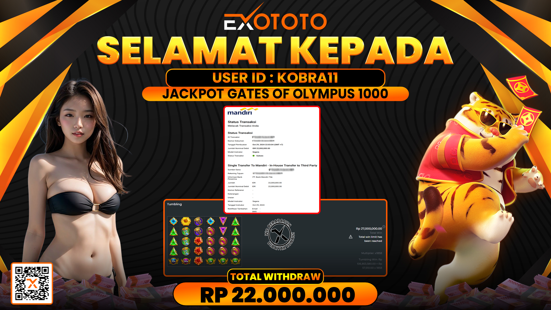 EXOTOTO JACKPOT DI SLOT GATES OF OLYMPUS 1000 RP. 22.000.000,- LUNAS