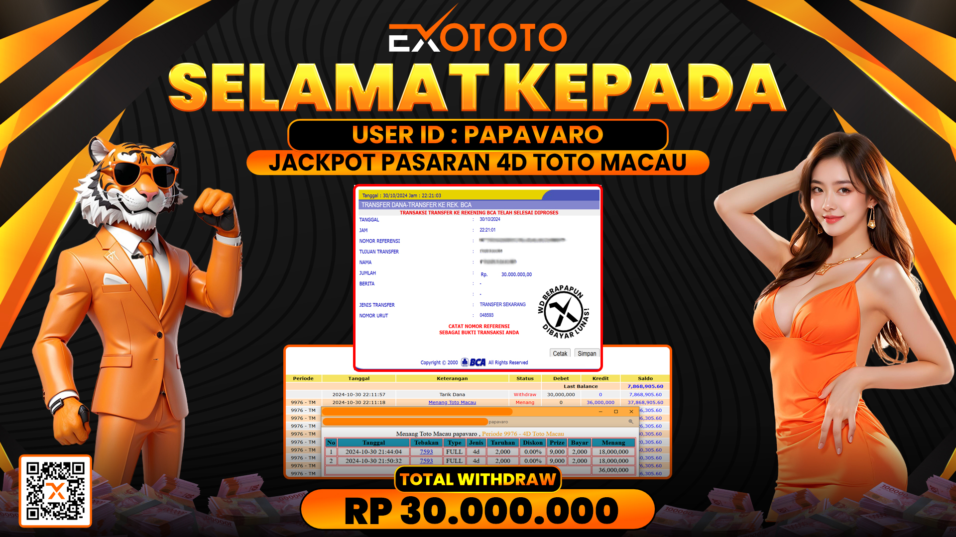 EXOTOTO JACKPOT DI PASARAN TOTOMACAU 4D  RP. 30.000.000,- LUNAS