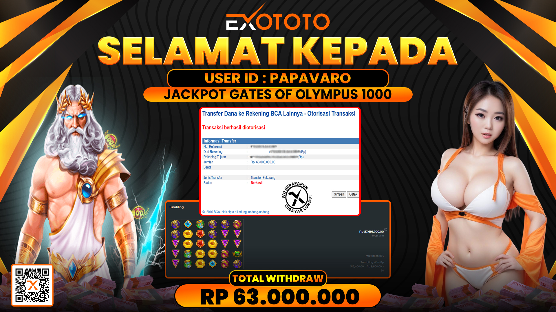 EXOTOTO JACKPOT DI SLOT GATES OF OLYMPUS 1000 RP. 63.000.000,- LUNAS