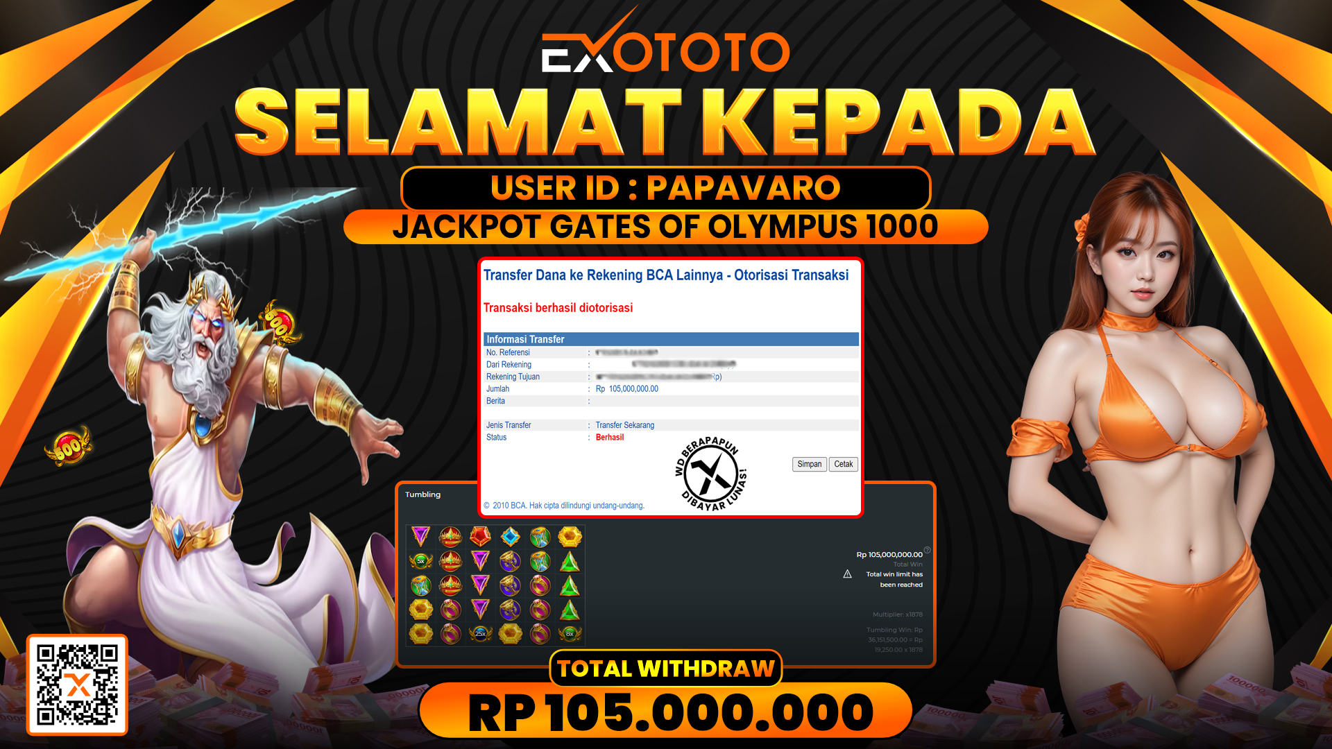 EXOTOTO JACKPOT DI SLOT GATES OF OLYMPUS 1000 RP. 105.000.000,- LUNAS