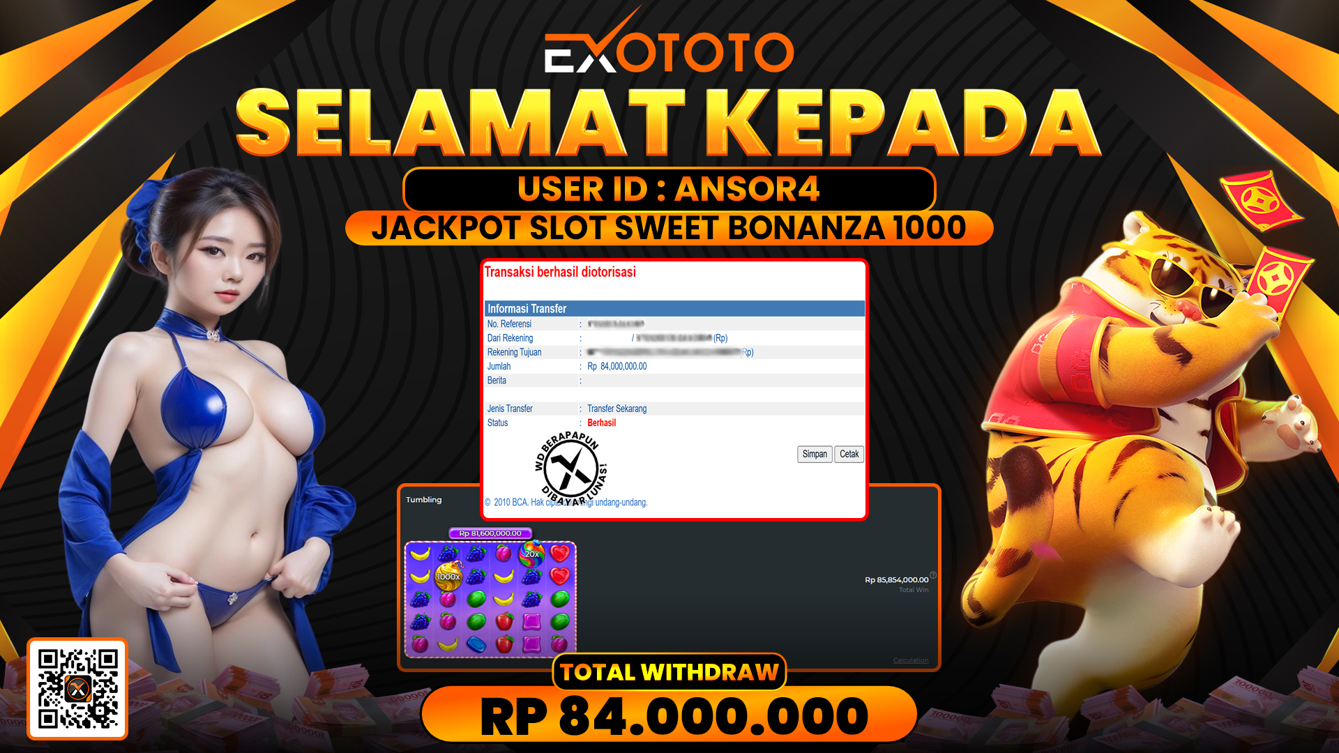 EXOTOTO JACKPOT DI SLOT SWEET BONANZA 1000 RP. 84.000.000,- LUNAS