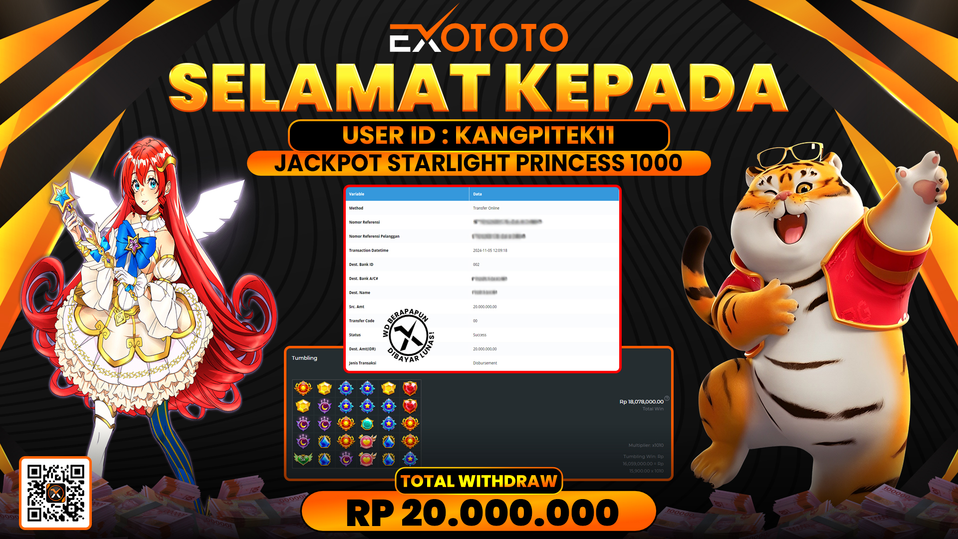 EXOTOTO JACKPOT DI SLOT STARLIGHT PRINCESS 1000 RP. 20.000.000,- LUNAS