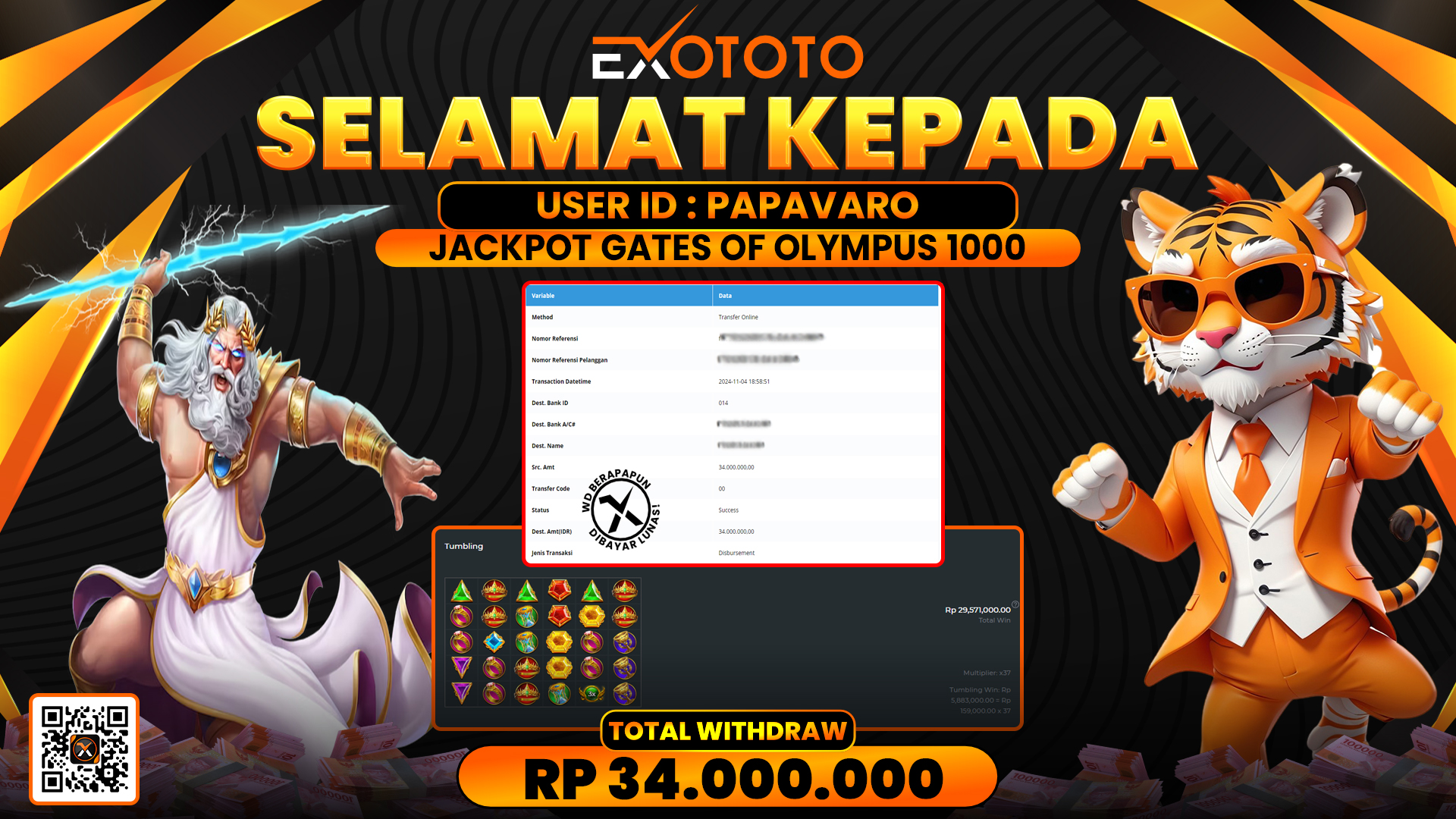 EXOTOTO JACKPOT DI SLOT GATES OF OLYMPUS 1000 RP. 34.000.000,- LUNAS