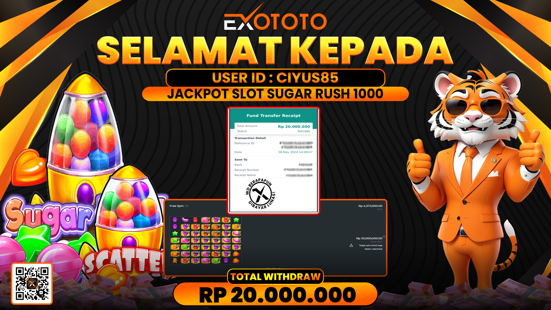 EXOTOTO JACKPOT DI SLOT SUGAR RUSH 1000 RP. 20.000.000,- LUNAS