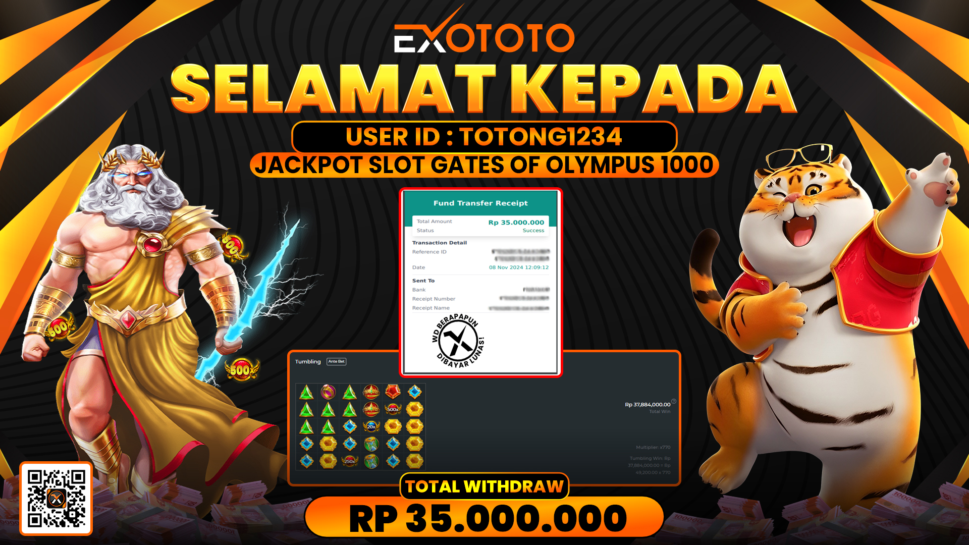 EXOTOTO JACKPOT DI SLOT GATES OF OLYMPUS 1000 RP. 35.000.000,- LUNAS