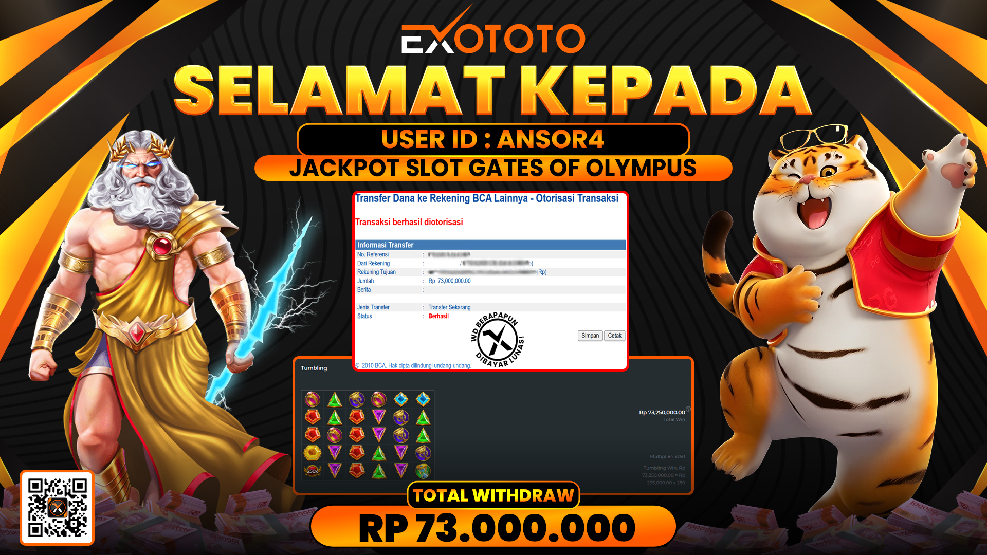 EXOTOTO JACKPOT DI SLOT GATES OF OLYMPUS RP. 73.000.000,- LUNAS