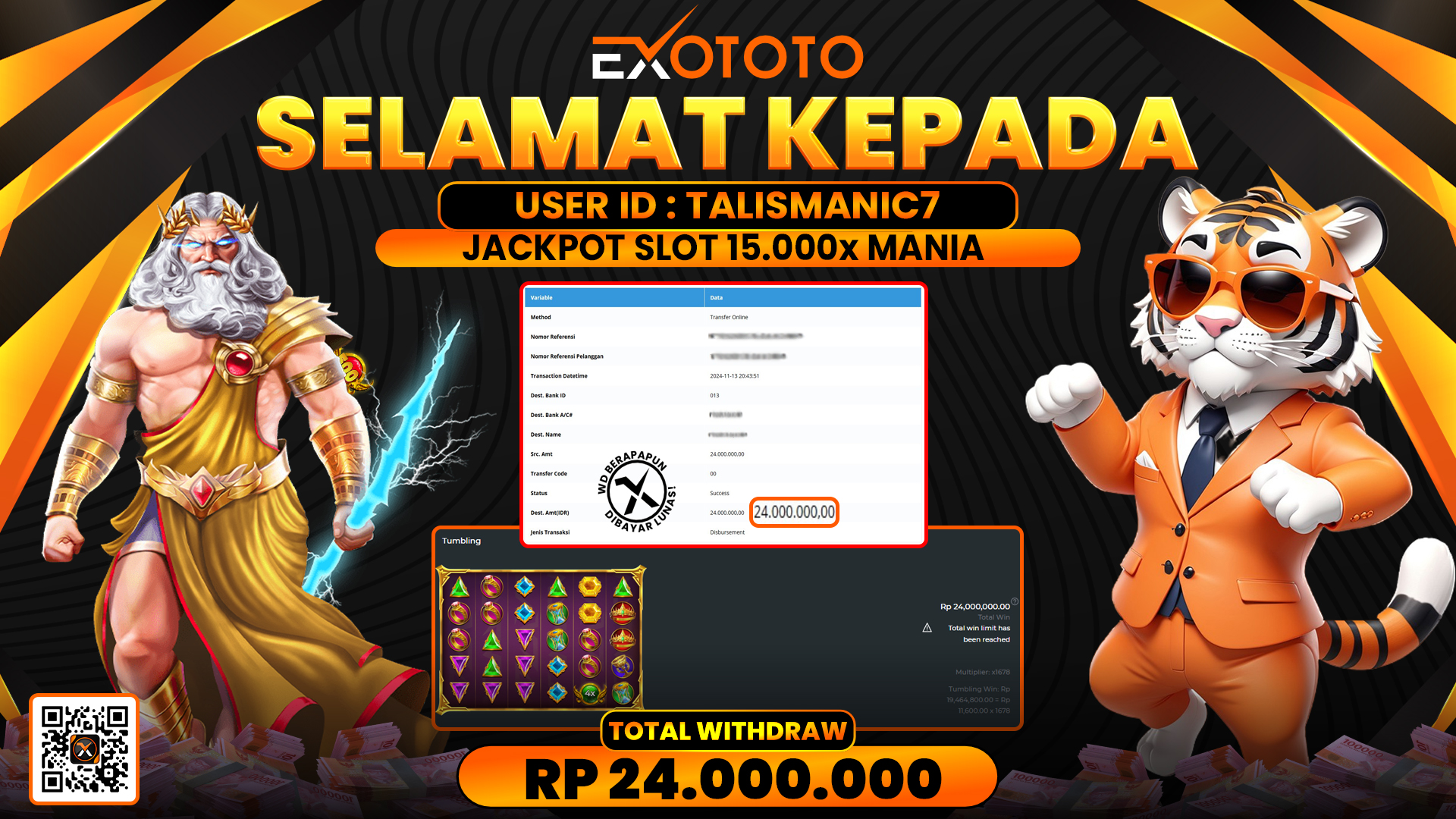 EXOTOTO JACKPOT DI SLOT 15.000x MANIA RP. 24.000.000,- LUNAS