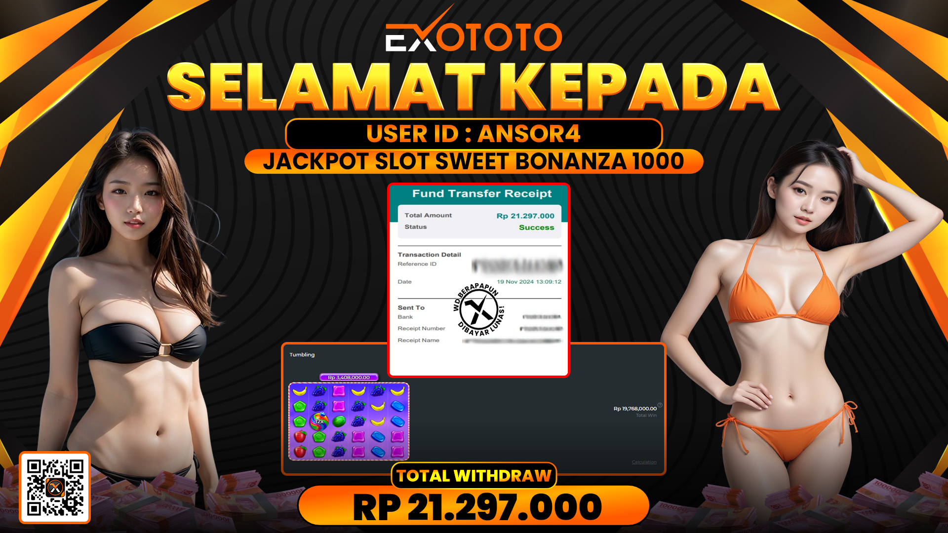EXOTOTO JACKPOT DI SLOT SWEET BONANZA 1000 RP. 21.297.000,- LUNAS