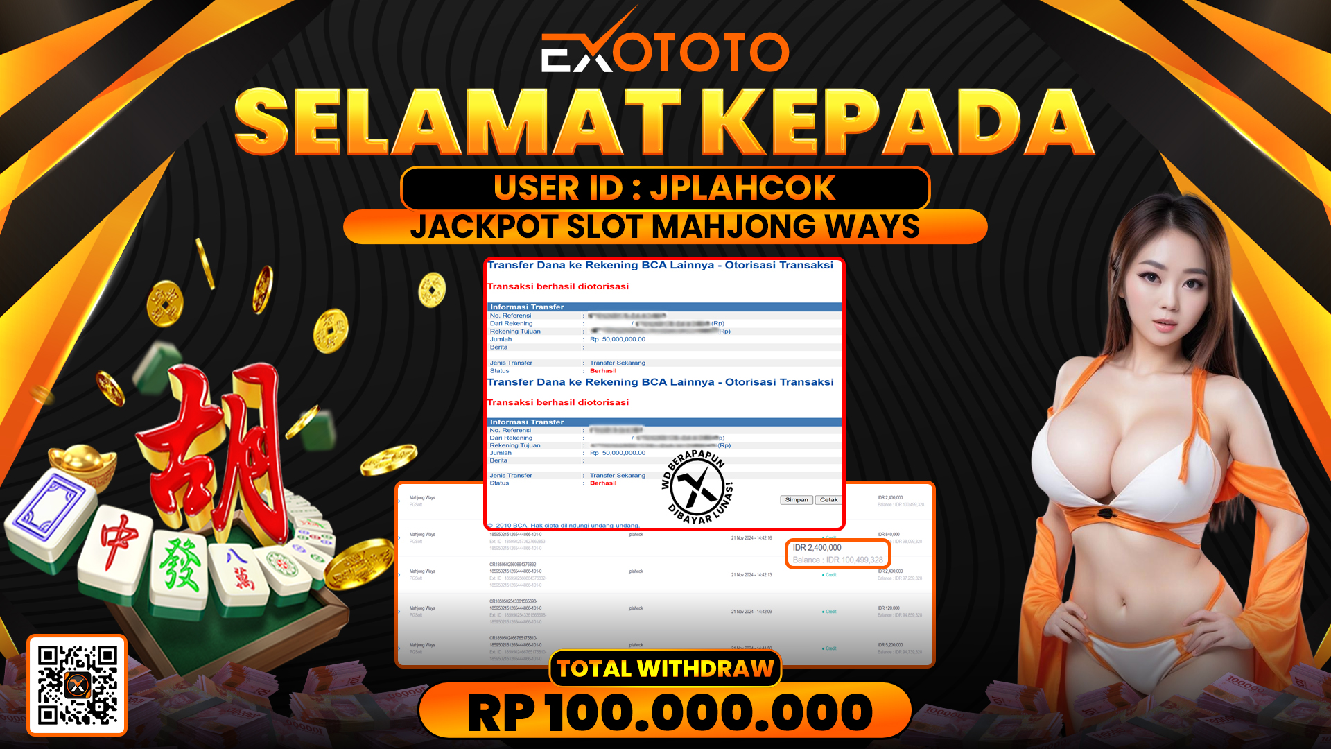 EXOTOTO JACKPOT DI SLOT MAHJONG WAYS RP. 100.000.000,- LUNAS