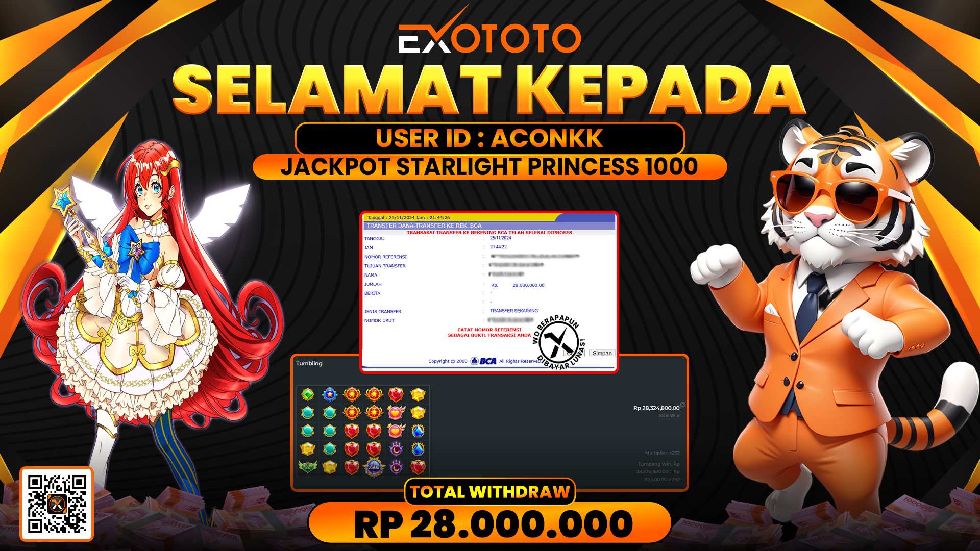 EXOTOTO JACKPOT DI SLOT STARLIGHT PRINCESS 1000 RP. 28.000.000,- LUNAS
