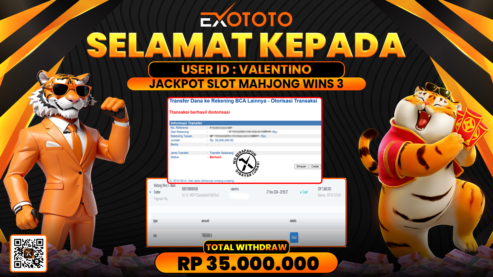 EXOTOTO JACKPOT DI SLOT MAHJONG WINS 3 RP. 35.000.000,- LUNAS
