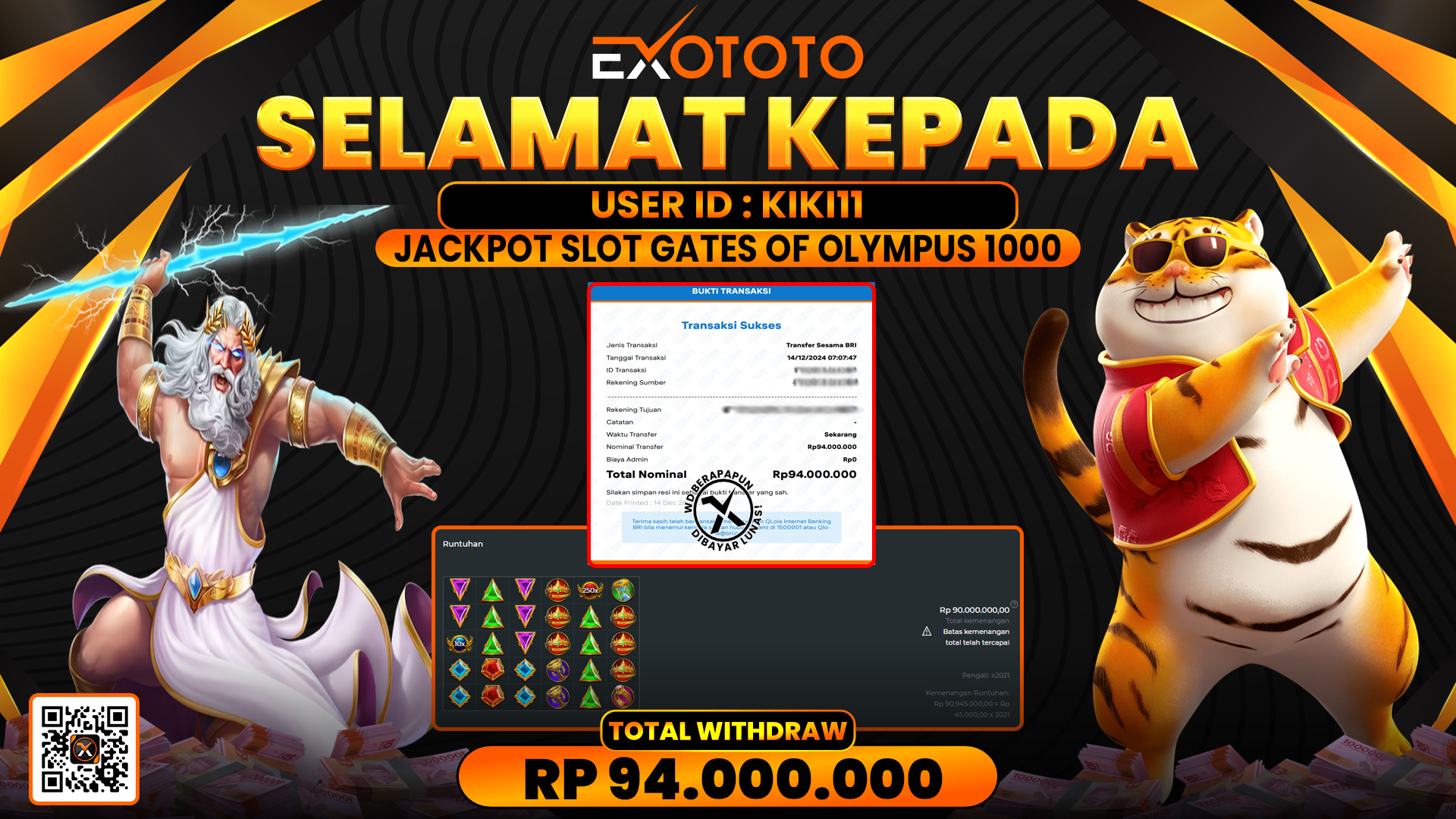 EXOTOTO JACKPOT DI SLOT GATES OF OLYMPUS 1000 RP. 94.000.000,- LUNAS