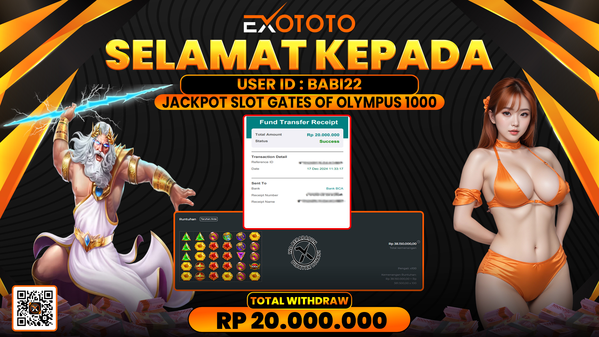 EXOTOTO JACKPOT DI SLOT GATES OF OLYMPUS 1000 RP. 20.000.000,- LUNAS