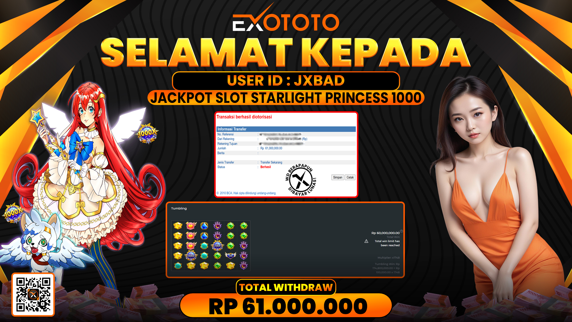EXOTOTO JACKPOT DI SLOT STARLIGHT PRINCESS 1000 RP. 61.000.000,- LUNAS