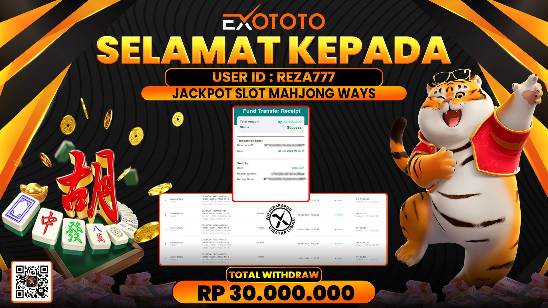 EXOTOTO JACKPOT DI SLOT MAHJONG WAYS RP. 30.000.000,- LUNAS